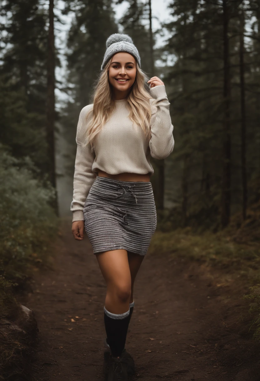 Full body, young Blond girl, Swedish, pigtails, photorealistic, best quality, hyper detailed, beautiful woman, selfie photo, full body, solo, wearing pullover, outdoors, (day), mountains, real life nature, stars, moon, (cheerful, happy), gloves, sweater, beanie, flashlight, forest, rocks, river, wood, smoke, fog, clear sky, analog style, looking at viewer, skin texture, film grain, ultra high res, best shadow, RAW, instagram LUT, completely waist down, bottomless , barefoot , no underwear, legs, running from something dangerous , smiling, shaved