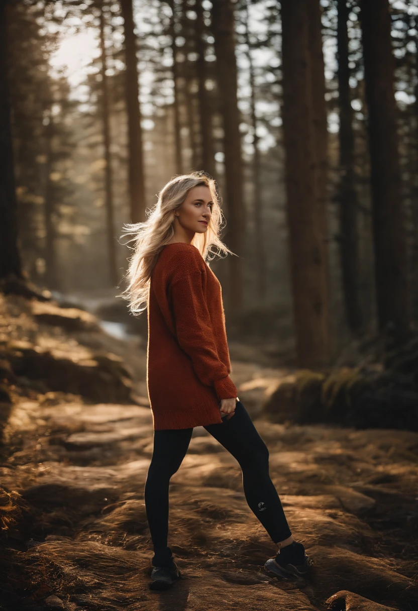Full body, young Blond girl, Swedish, pigtails, photorealistic, best quality, hyper detailed, beautiful woman, selfie photo, full body, solo, wearing pullover, outdoors, (day), mountains, real life nature, stars, moon, (cheerful, happy), gloves, sweater, beanie, flashlight, forest, rocks, river, wood, smoke, fog, clear sky, analog style, looking at viewer, skin texture, film grain, ultra high res, best shadow, RAW, instagram LUT, completely waist down, bottomless , barefoot , no underwear, legs, running from something dangerous , smiling, shaved