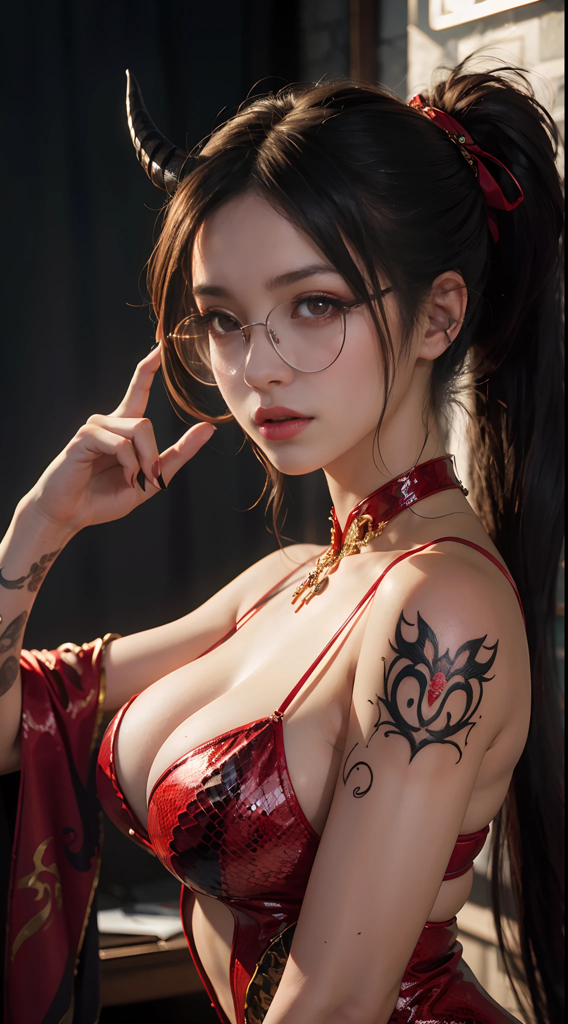 Fine、(The best illustrations)、8k UHD resolution、intricate-detail、top-quality、realisitic、ultra-detailliert、The best lighting、Best Shadows、Soft lighting、Ulutra HD、1 beautiful devil woman from hell, surreal female portraits by David Hockney and Alphonse Mucha, Portrait of a seductive woman、Fantasy Art, Chinese Doll、Dungeon、The dragon、Devil's Palace、Devil's Torture Chamber、magia、 Evil Nun、Dark Necromancer、natta、Dark style、Succubus、Devil's Daughter、Umi Shinonome、Bat Wings,(((Demon Horns)))、((((black-rimmed round glasses))))、(((Colossal tits)))、(Devil's Tail)、(red eyes glowing:1.6)、 intricate tattoos, demonic intricate tattoos, thigh tattoos, body tattoos, masterpiece、beautiful countenance、a baby face、Muscular seductive body、The enchanting body of the devil、Chinese actress、Seductive Black Magic Costume、(((A shiny red snake is wrapped around her body)))、Tindall Effect、photos realistic、(High Detail Skins:1.2)、 (Intricate details, makeup, pureerosface_v1:0.5), (Detailed beautiful delicate face, Detailed beautiful delicate eyes, A perfectly proportioned face, High detailed skin, Detailed skin, best ratio four finger and one thumb, arms below breasts, Tattoo with a red glow under the stomach、Awesome awesome, wide hips, smooth midriff, skiny and thin, __Fashion__, __hair__:1.25)、Digital SLR、hightquality、a picture、hight resolution、 absurderes、Ponytail distortion、1人、Red sparkling gemstone necklace、jewely、Beautiful expression、Body Up、Large breasts emphasis、Toned waist、Wide buttocks、Devil's Tail、intricate tattoos, demonic intricate tattoos, thigh tattoos, body tattoos, effect、Photorealsitic、(High Detail Skins:1.2)、In the Dark, lowkey, cowboy lens, (red phoenix dress: 1.0), Seductive Black Magic Costume、Long hair, Black hair, Bust, Devil's Palace, devil crown, red eyes make up very sharp and detailed, The most beautiful face, Super tight breasts, Breast augmentation surgery, The breasts are very big and round and round, Black magic costume、Super realistic , Charming smile,a baby face、 The eyes