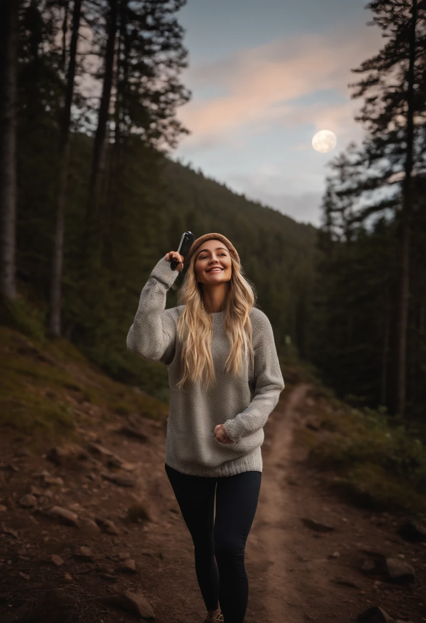 Full body, young Blond girl, Swedish, pigtails, photorealistic, best quality, hyper detailed, beautiful woman, selfie photo, full body, solo, wearing pullover, outdoors, (day), mountains, real life nature, stars, moon, (cheerful, happy), gloves, sweater, beanie, flashlight, forest, rocks, river, wood, smoke, fog, clear sky, analog style, looking at viewer, skin texture, film grain, ultra high res, best shadow, RAW, instagram LUT, completely waist down, bottomless , barefoot , no underwear, legs, running from something dangerous , smiling, shaved