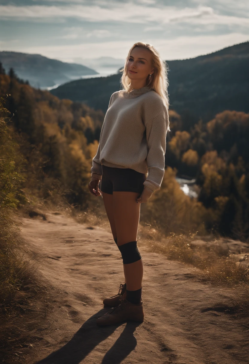 Full body, young Blond girl, Swedish, pigtails, photorealistic, best quality, hyper detailed, beautiful woman, selfie photo, full body, solo, wearing pullover, outdoors, (day), mountains, real life nature, stars, moon, (cheerful, happy), gloves, sweater, beanie, flashlight, forest, rocks, river, wood, smoke, fog, clear sky, analog style, looking at viewer, skin texture, film grain, ultra high res, best shadow, RAW, instagram LUT, completely waist down, bottomless , barefoot , no underwear, legs, running from something dangerous , smiling, shaved
