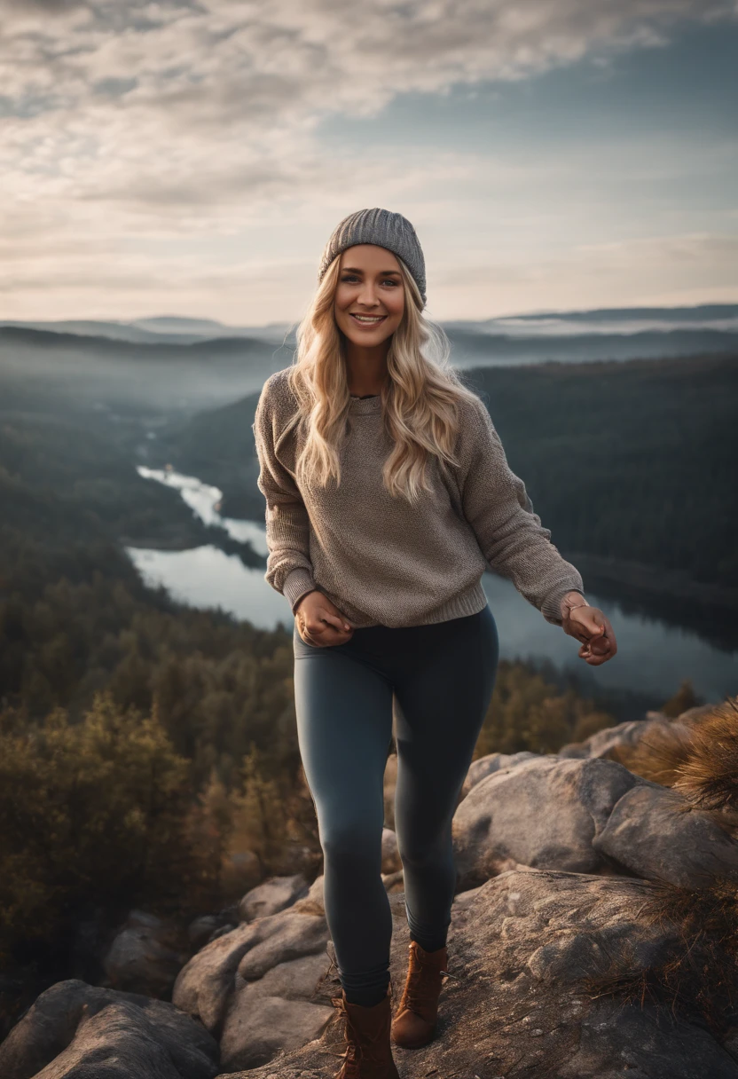 Full body, young Blond girl, Swedish, pigtails, photorealistic, best quality, hyper detailed, beautiful woman, selfie photo, full body, solo, wearing pullover, outdoors, (day), mountains, real life nature, stars, moon, (cheerful, happy), gloves, sweater, beanie, flashlight, forest, rocks, river, wood, smoke, fog, clear sky, analog style, looking at viewer, skin texture, film grain, ultra high res, best shadow, RAW, instagram LUT, completely waist down, bottomless , barefoot , no underwear, legs, running from something dangerous , smiling, shaved