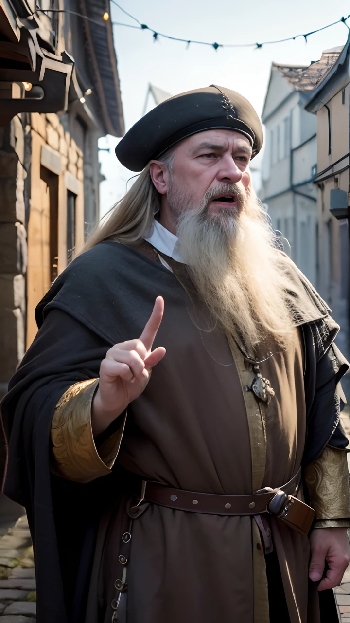 Medieval herald on a medieval street chanting loudly (says the announcement), appeals to the townspeople, (Expressive articulation:1.4), (Expressive gestures:1.3), A medieval herald on a cobbled street in an early medieval town, Alert on important news. He is dressed in traditional medieval attire, His face is weather-beaten and expressive, with detailed eyes, Strong nose, and a thick beard, (Best Quality,4k,8K,hight resolution,Masterpiece:1.2),Ultra-detailed,(Realistic,Photorealistic,photo-realistic:1.37),HDR,UHD,studio lightning,ultra-fine painting,sharp-focus,physical based rendering,extreme detail description,Professional,Vivid colors,bokeh