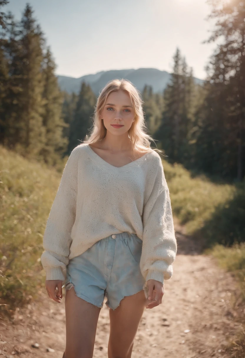 Full body, young Blond girl, Swedish, pigtails, photorealistic, best quality, hyper detailed, beautiful woman, selfie photo, full body, solo, wearing pullover, outdoors, (day), mountains, real life nature, stars, moon, (cheerful, happy), gloves, sweater, beanie, flashlight, forest, rocks, river, wood, smoke, fog, clear sky, analog style, looking at viewer, skin texture, film grain, ultra high res, best shadow, RAW, instagram LUT, completely waist down, bottomless , barefoot , no underwear, legs, running from something dangerous , smiling, shaved