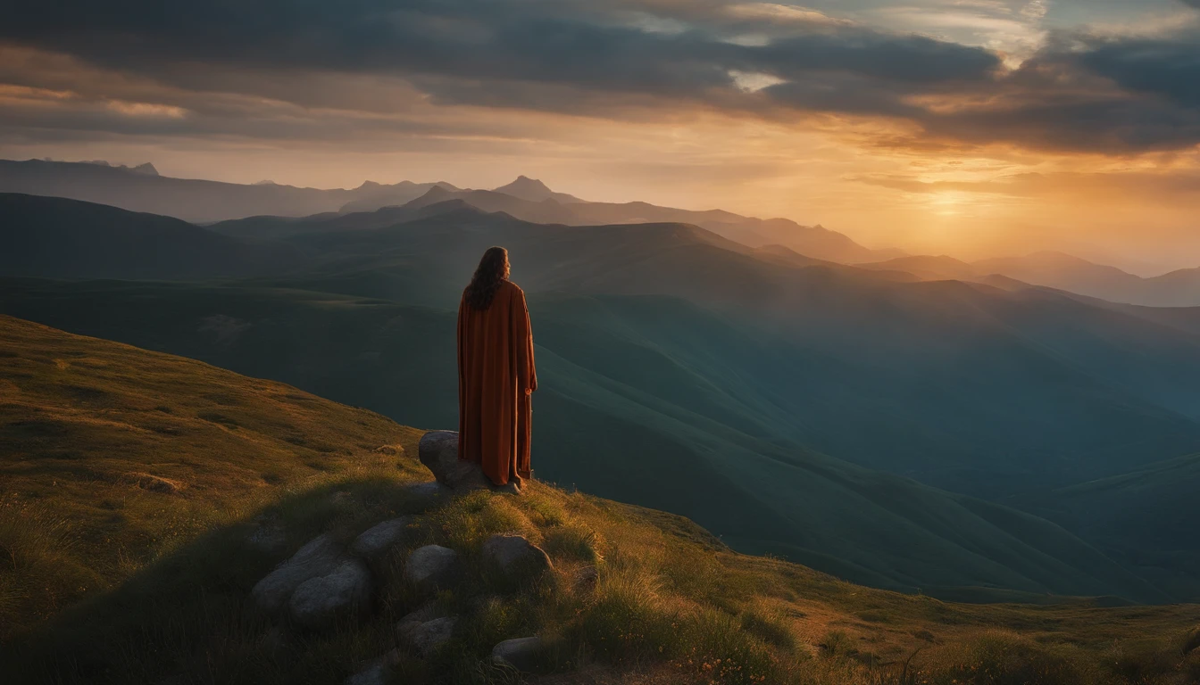 Jesus orando de joelhos ao amanhecer., Ultra HD | |, Realistic, vivid colors, altamente detalhado, Desenho UHD, caneta e tinta, perfect composition, Beautiful insanely detailed octane rendering Trend in ArtStation, 8k artistic photography, arte conceitual fotorrealista,