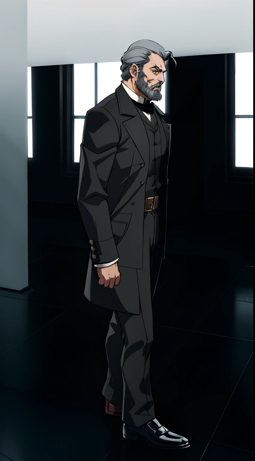 professor clothes, Detective clothing, Detective coat, clear outfit design, Shot Full Body, Gray hair and beard, cinematic full character, Concept design of the costume, Full body with costume, The character of the whole body, main character, Well - detailed equipment, victorian style, black shoes