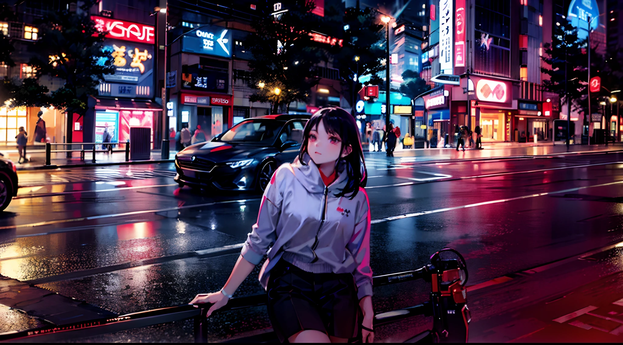 seductive woman in white jacket standing on a bench in a city at night, a sports car behind her in a Tokyo street, sitting in Tokyo, in Tokio, in the streets of Tokyo, in Neo Tokyo, in Neotokyo, taken in 2 0 2 0, in city street, at a city street, posing in neo - tokyo futuristic, chiho, in the city, standing in a city center, (cyberpunk)