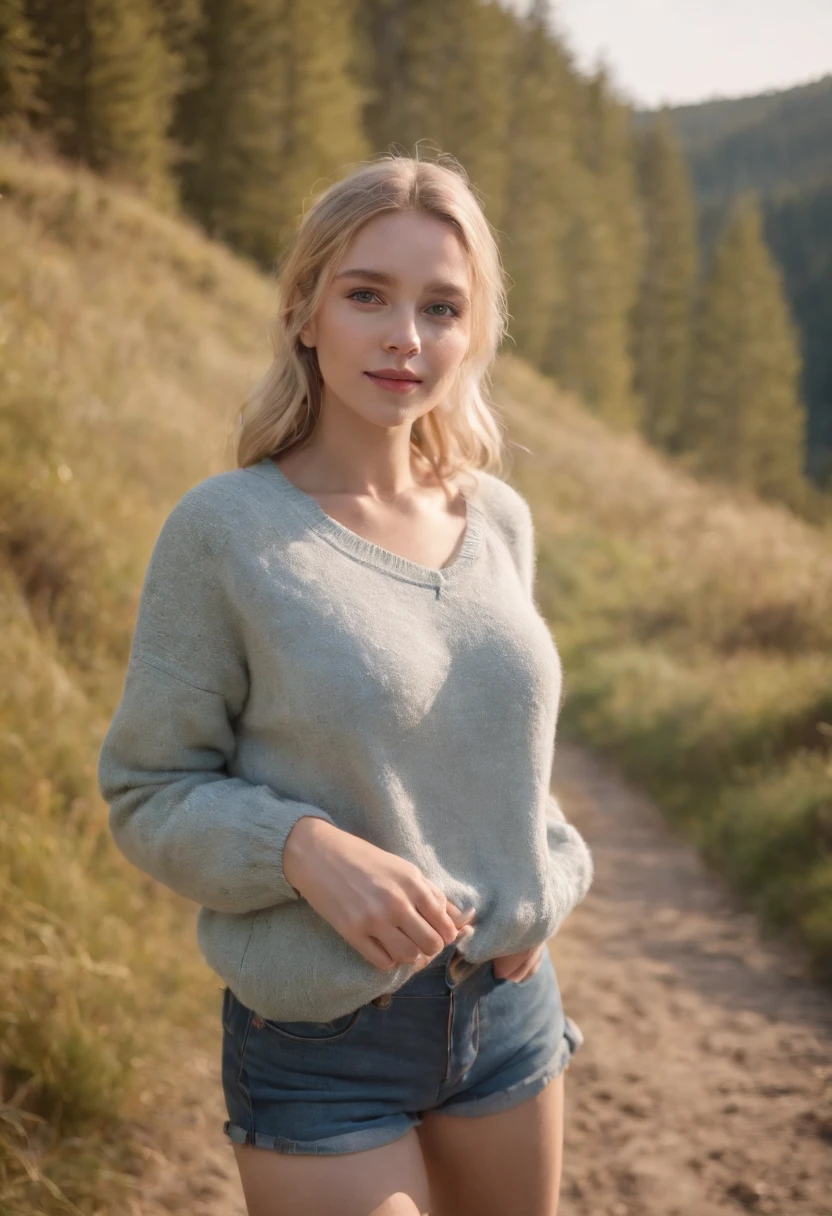 Full body, young Blond girl, Swedish, pigtails, photorealistic, best quality, hyper detailed, beautiful woman, selfie photo, full body, solo, wearing pullover, outdoors, (day), mountains, real life nature, stars, moon, (cheerful, happy), gloves, sweater, beanie, flashlight, forest, rocks, river, wood, smoke, fog, clear sky, analog style, looking at viewer, skin texture, film grain, ultra high res, best shadow, RAW, instagram LUT, completely waist down, bottomless , barefoot , no underwear, legs, running from something dangerous , smiling, shaved