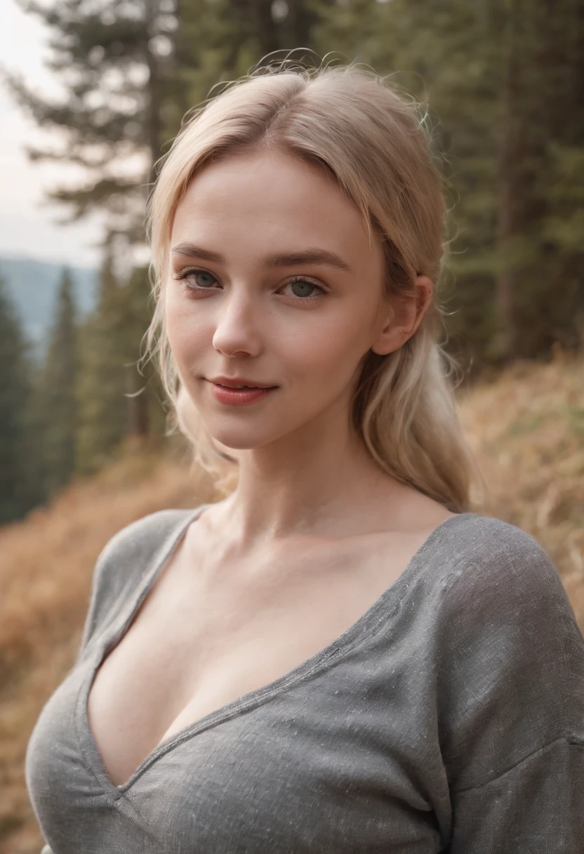 Full body, young Blond girl, Swedish, pigtails, photorealistic, best quality, hyper detailed, beautiful woman, selfie photo, full body, solo, wearing pullover, outdoors, (day), mountains, real life nature, stars, moon, (cheerful, happy), gloves, sweater, beanie, flashlight, forest, rocks, river, wood, smoke, fog, clear sky, analog style, looking at viewer, skin texture, film grain, ultra high res, best shadow, RAW, instagram LUT, completely waist down, bottomless , barefoot , no underwear, legs, running from something dangerous , smiling, shaved