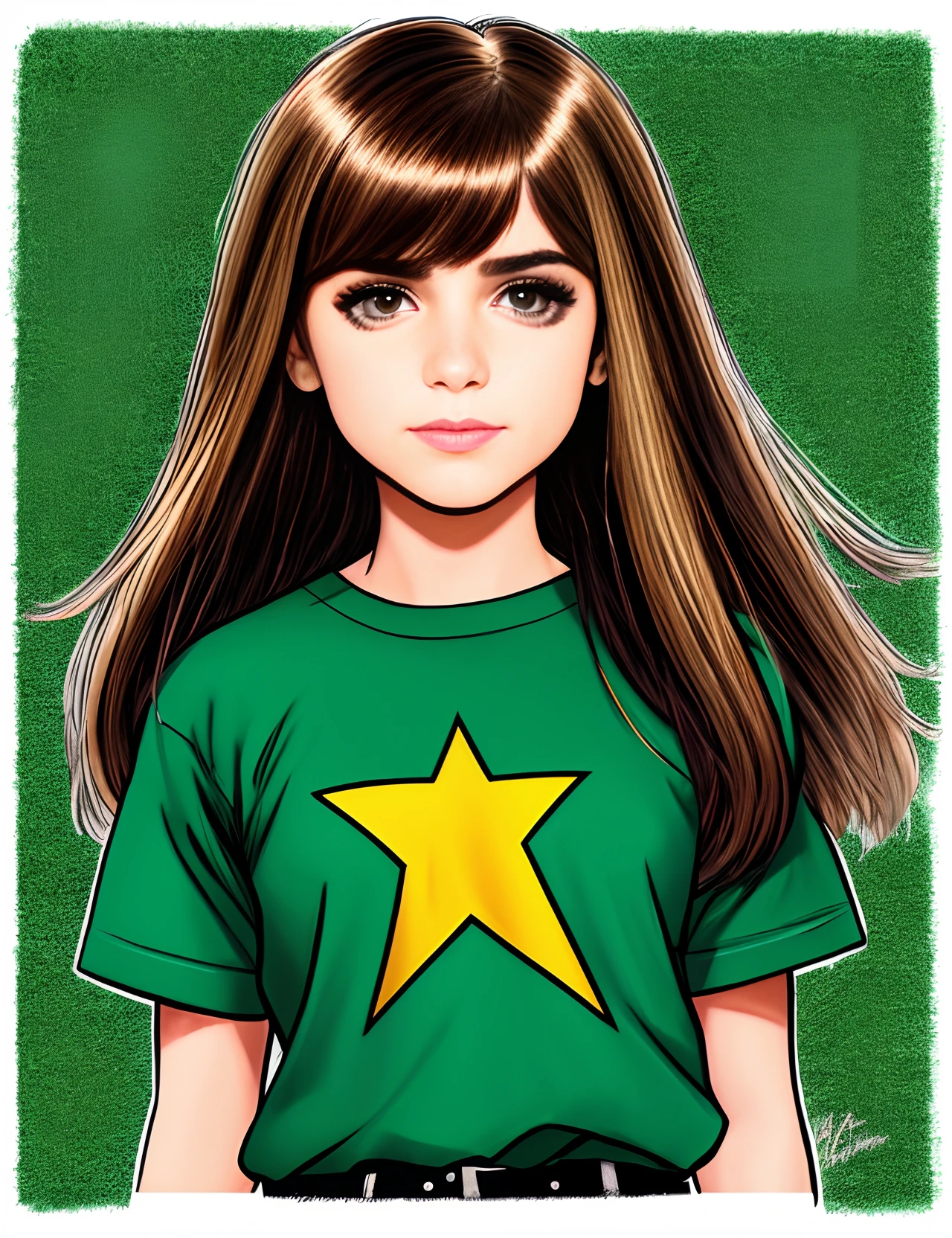 marvel comic panel, mujer, francesa, from 18 years old, South light brown hair with white highlights with straight and straight short fringe, ojos de color verde, vestida con falda y camiseta muy amplia y con 3 pendientes, con escenarios con pantallas naranjas alrededor