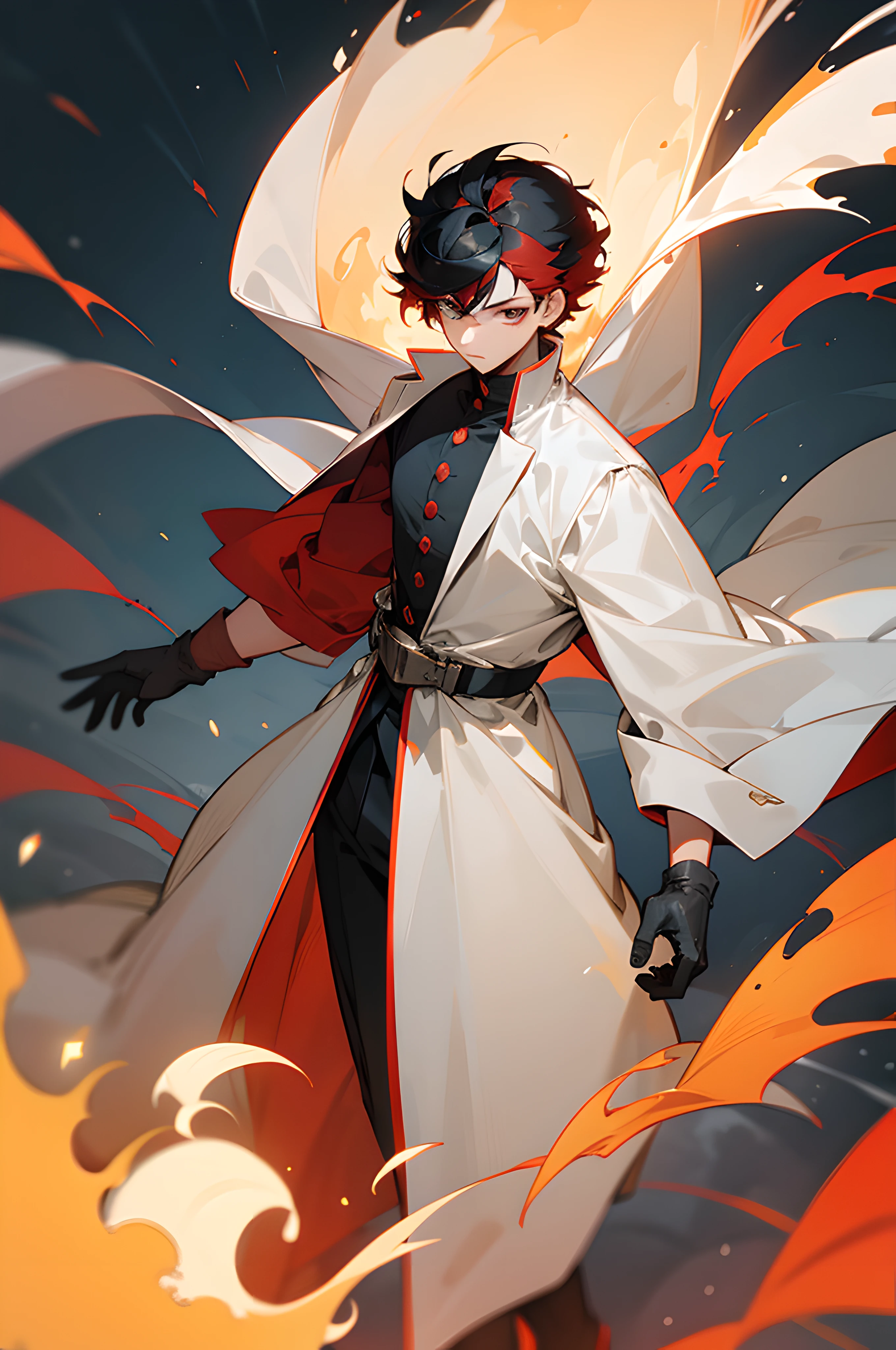1male , Young, short hair, Black hair, red hair, white gloves, snapping, fire, walking on path, detailed eyes, classic clothes, standing in field