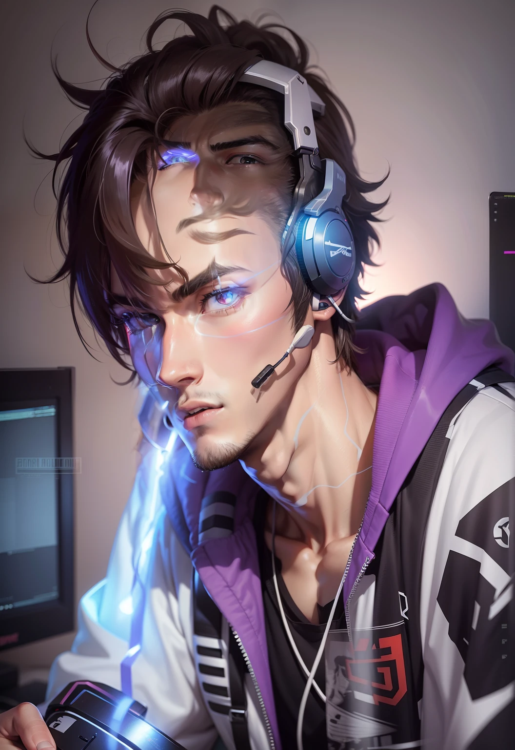 a man, 20 years old, gamer, streamer, he's using a headset, pov, 1990 anime style, high quality, 8k, vibrant colors