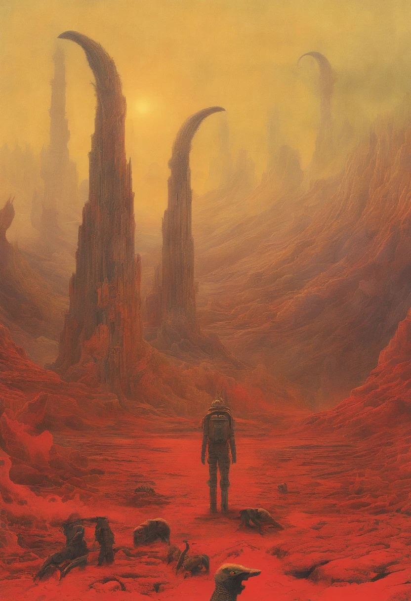 Mythological creatures, Por Zdzislaw Beksinski e Van Gogh, Album cover art, Roma, Surrealismo, Futuristic ,Satan, coral, mago, abstrair, Escuro, vermelho, Inferno, Landscape, pesadelos, medo, crueldade, ANGUISH, calamidade, sombras, monstros