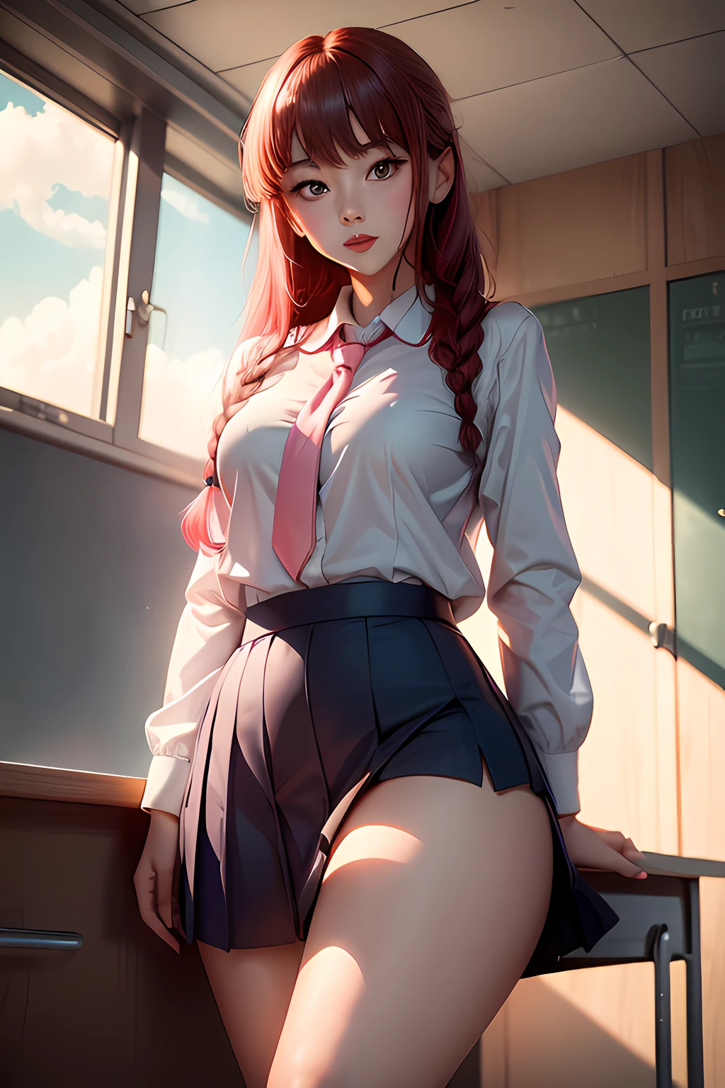 Best quality at best,High_Resolution,distinct_image,detailed back ground,Kizi,dampness,nakeness,Creampie,Flushing,Classroom,Blue school uniform, Mini skirt, Pink cheeks, Red lips, A shy look, Seductive, Coquettish figure,On the desk