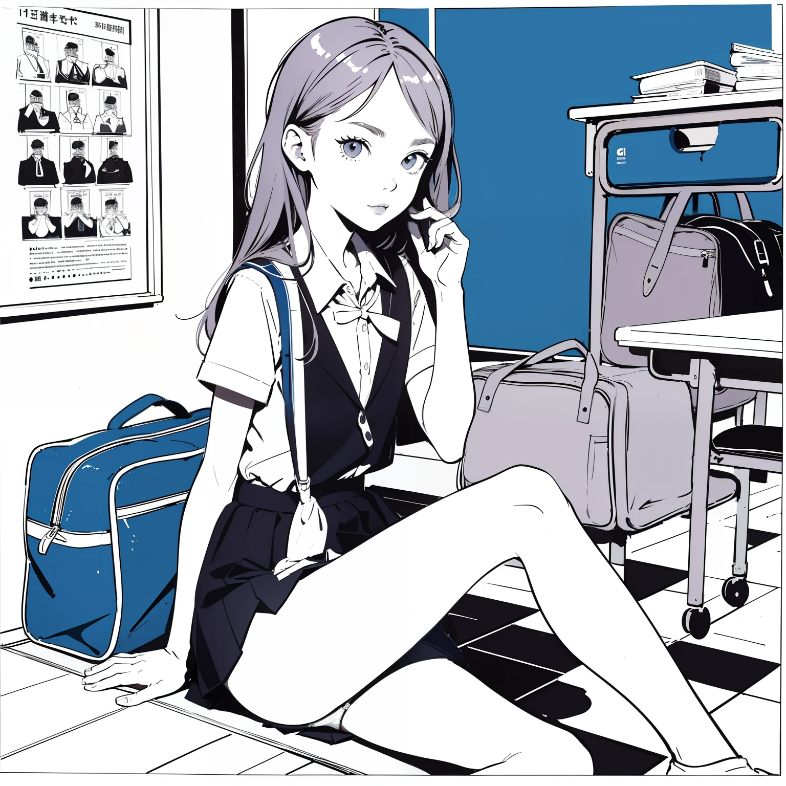 (superflat, flat shading, flat colors), masterpiece, best quality, booklet ad for Ikea bags, 1girl, schoolgirl, text, , school uniform, (panties), sitting, posing, watercolor