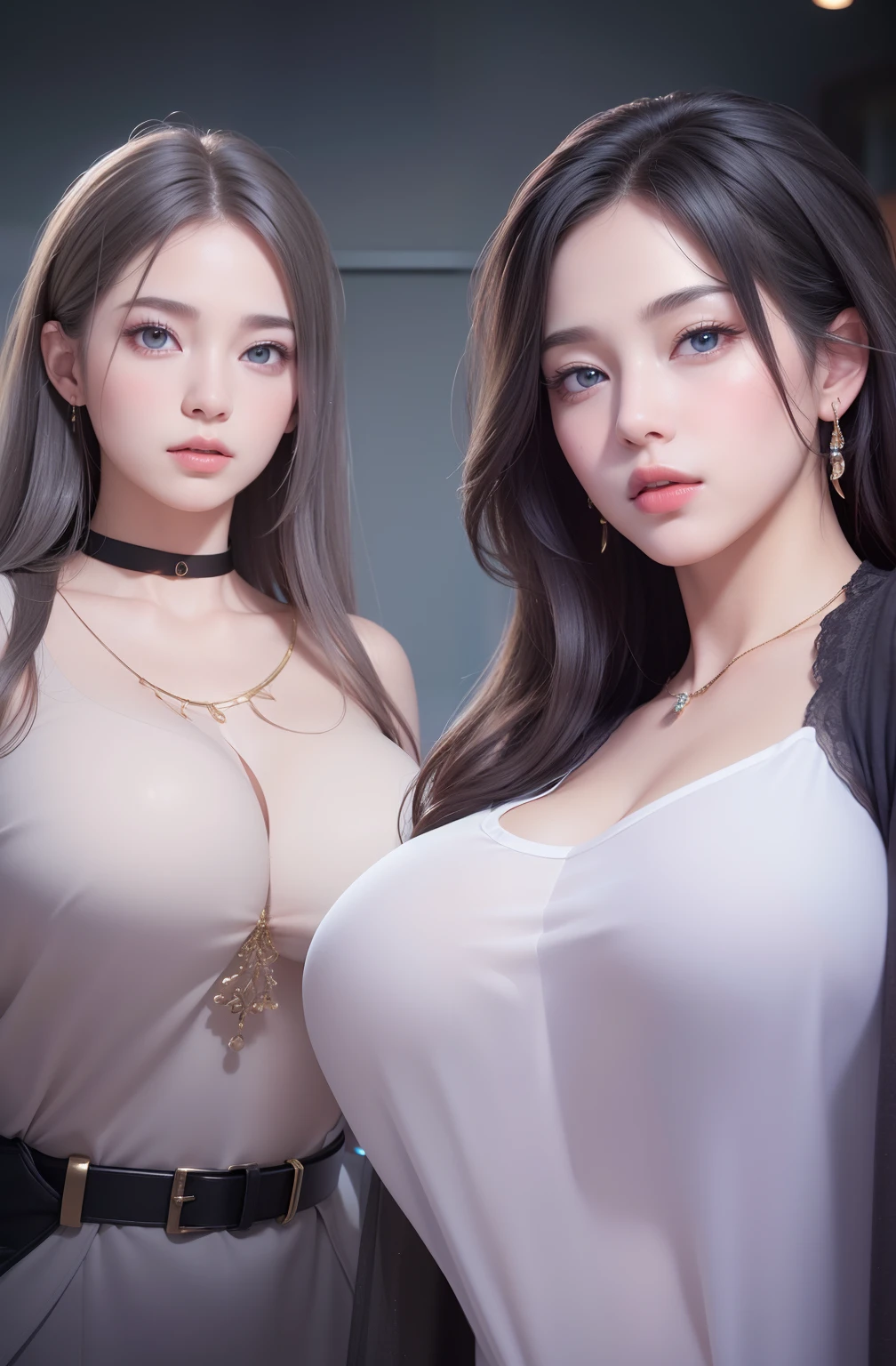 Beautiful big breasts, (bokeh), indoors, detailed luxury living room, gentle and charming beautiful goddess, Korean(kpop-idol), solo, smooth skin, necklace, (grey hair, blue eyes), oval face, double eyelids, smart, good hands, good feet, Natural, (from below angle), (glossy skin:1.05), ((low angle)), Perfect figure, (64k, UHD, RAW photo, best quality, masterpiece:1.4), (realistic, photo-realistic:1.37), ultra high res, photon mapping, radiosity, physically-based rendering, professional soft lighting