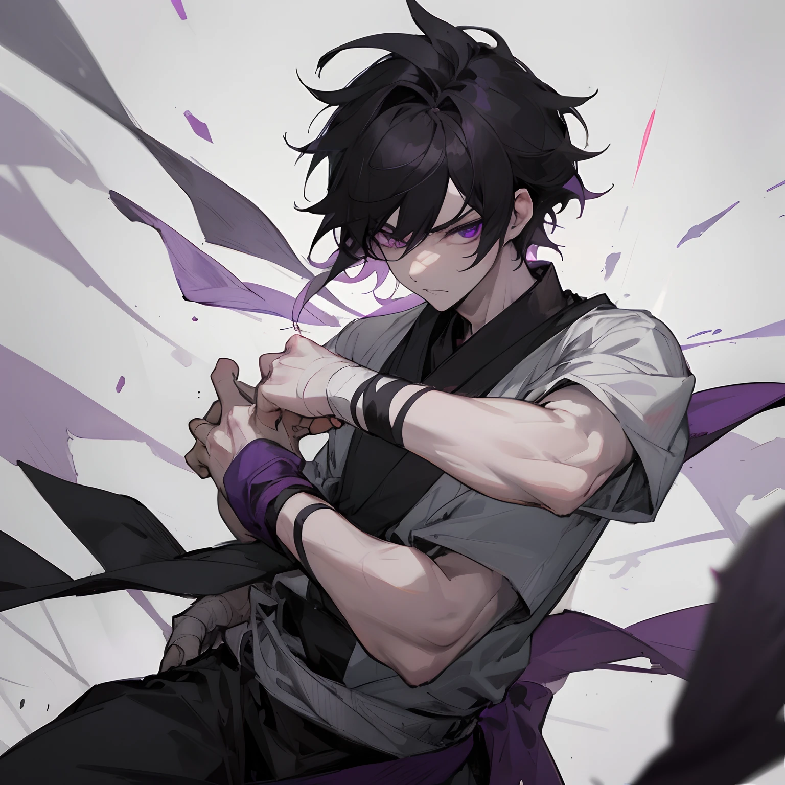 1male , black hair , purple eyes , messy hair , pale skin , white and black shirt slightly short sleeves with  bandages around the wrists and hand of the right hand  , temple background , somber expression , ninja clothing , young boy