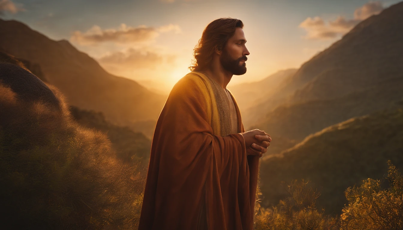 Jesus Cristo orando de joelhos ao amanhecer., Ultra HD | | | |, Realistic, vivid colors, altamente detalhado, Desenho UHD, caneta e tinta, perfect composition, Beautiful insanely detailed octane rendering Trend in ArtStation, 8k artistic photography, arte conceitual fotorrealista,