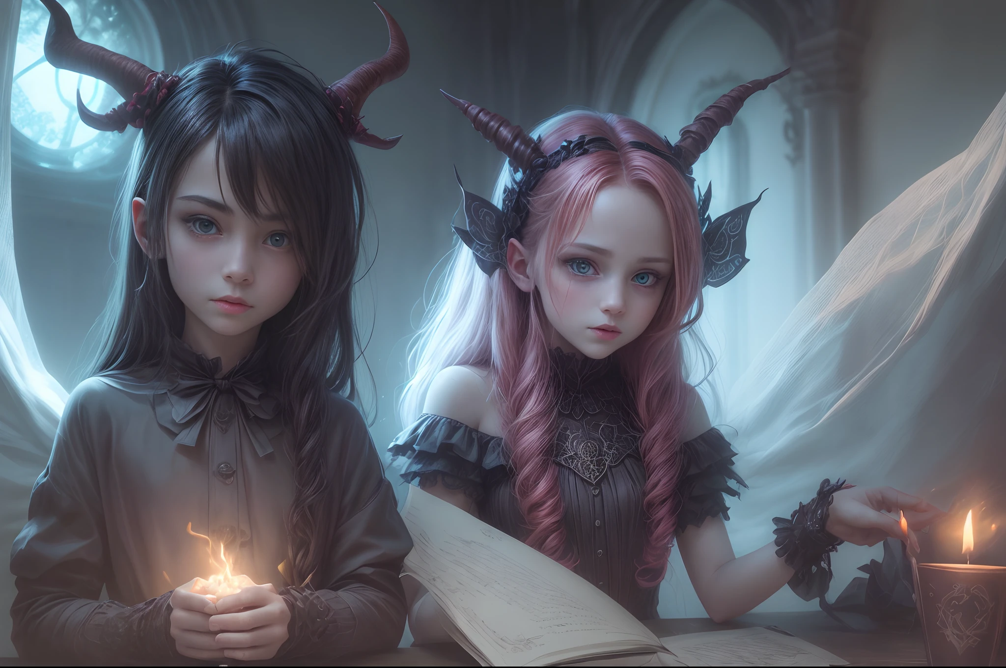 (best quality,4k,8k,highres,masterpiece:1.2),ultra-detailed,(realistic,photorealistic,photo-realistic:1.37),devil boy and girl holding hands,beautiful detailed eyes,beautiful detailed lips,demonic atmosphere,playful and mischievous expressions,dark and mysterious background,nighttime setting,gloomy lighting,sharp focus,dynamic poses,whimsical and colorful illustrations,creative shading techniques,fantasy art style,vivid colors,contrast between light and shadow,supernatural powers,enchanted forest,outfits in dark tones,cute and mischievous facial features,cartoonish yet detailed renderings,flaming red hair for the boy,long flowing hair for the girl,detailed and intricate accessories on their outfits,magical sparks and glowing effects around their hands,subtle hints of mischief in their expressions,joyful and mischievous atmosphere,amazing attention to detail,little devil horns on their heads,curved tails wrapped around their hands,demonic wings,evil grins,glowing yellow eyes,dark and mysterious aura,whimsical and dreamlike atmosphere,fantastical elements,enchanted forest as the backdrop,playful interaction between the boy and girl,expressive emotions,imagination at its best,captivating and dynamic artwork,a celebration of the supernatural,unleashing their magical powers,creating a sense of wonder and adventure with every stroke,artistic interpretation of an otherworldly bond between a devil boy and girl