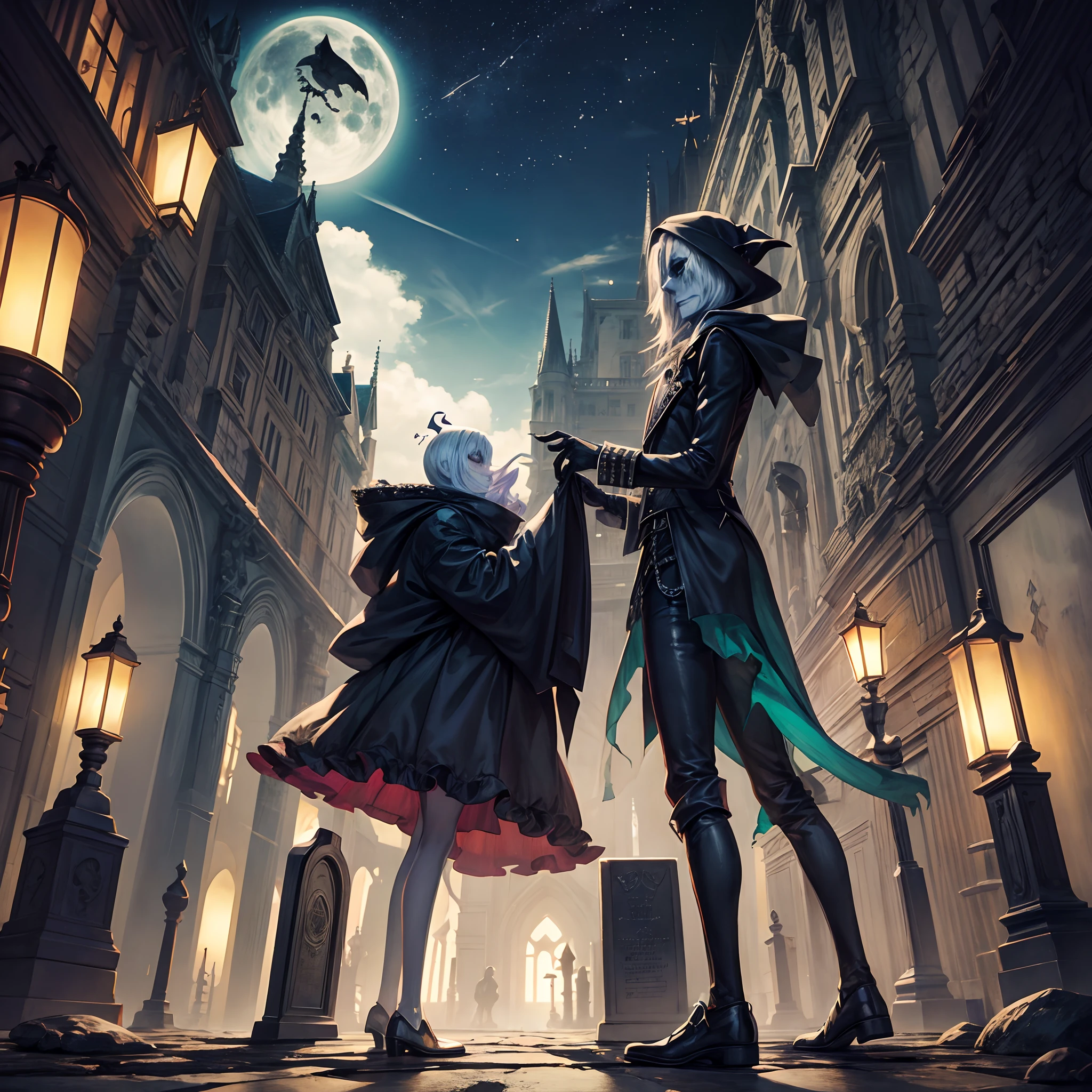Representa a Jack Skellington, el Rey Calabaza, con su traje de esmoquin a rayas en medio de un retorcido, Gothic setting. Jack se encuentra en un cementerio oscuro cubierto de niebla, con alto, Thin tombstones slanted at odd angles. La luna llena brilla con un resplandor plateado en el cielo estrellado. Jack se para en el centro de la escena, with an intriguing expression on his skeletal face. Sostiene una linterna de calabaza que emite una luz verde brillante y proyecta sombras espectrales a su alrededor. On nearby headstones, Graba inscripciones curiosas y oscuras. The ground is covered with, hojas crujientes, y en la distancia, en las sombras, puedes ver a los extravagantes habitantes de Halloween Town, como Sally, el hombre del saco, y el Payaso Bola de Nieve. The atmosphere should convey the haunting and enchanting spirit of Tim Burton's 'The Strange World of Jack'."