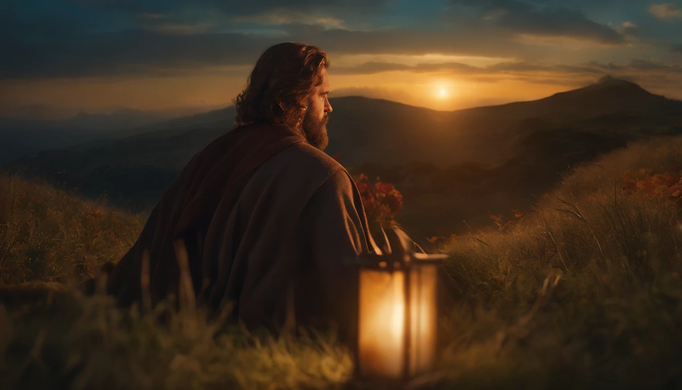Jesus Cristo orando de joelhos ao amanhecer., Ultra HD | | | | |, Realistic, vivid colors, altamente detalhado, Desenho UHD, caneta e tinta, perfect composition, Beautiful insanely detailed octane rendering Trend in ArtStation, 8k artistic photography, arte conceitual fotorrealista,