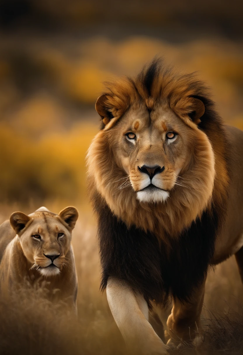 Create the following ultra-realistic, natural-color images within a single frame with a black and gold triple border; One lion, um tigre, um lobo branco, um lobo negro, um urso pardo, A polar bear and an American eagle.