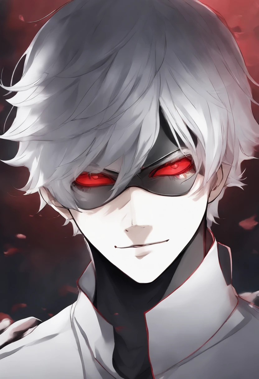 (ken_kaneki), red eyes, 1boy, flamboyant, style of sui ishida, tokyo ghoul, zoomed in on face, focused on face, blue highlights, looking at viewer, watercolor, manga, mangaka, white hair, red and black eye, having mask that is covering his face,