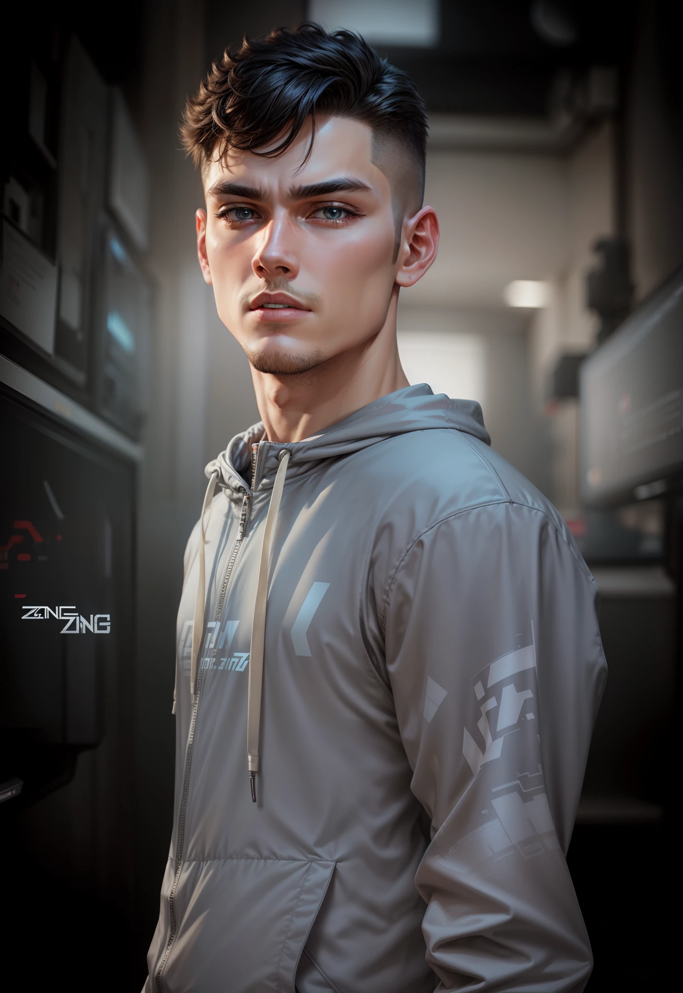 Change background to gaming zone with technology futuristic type , handsome boy with realistic face cut , oversized hoodie, gaming effect