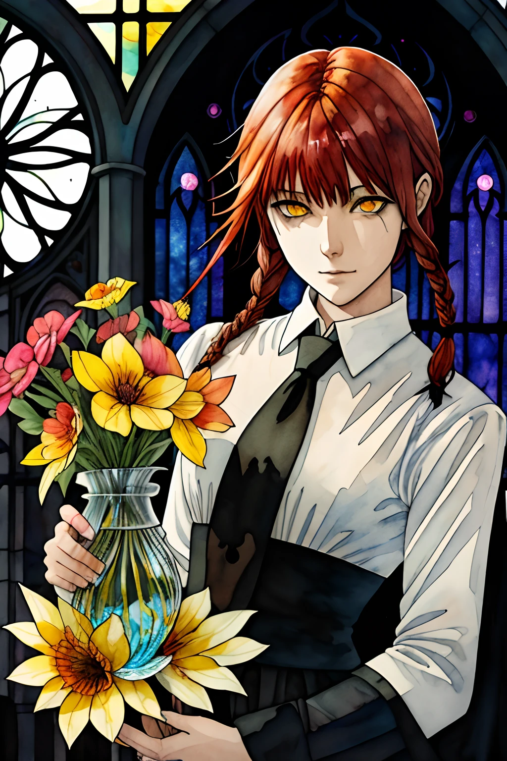 The play of the tides, Luxray, Makima from Chainsaw Man, Yellow Demonic Eyes, A detailed eye, black necktie, white shirt, Straight bangs, the wind, Flying petals, stained glass windows, decorative, intricate detials, Dufkova, 2D, Line drawing, watercolour, Watercolor ink, redhead hair, One braid, 1girl, mandrake, flower, mandrake,