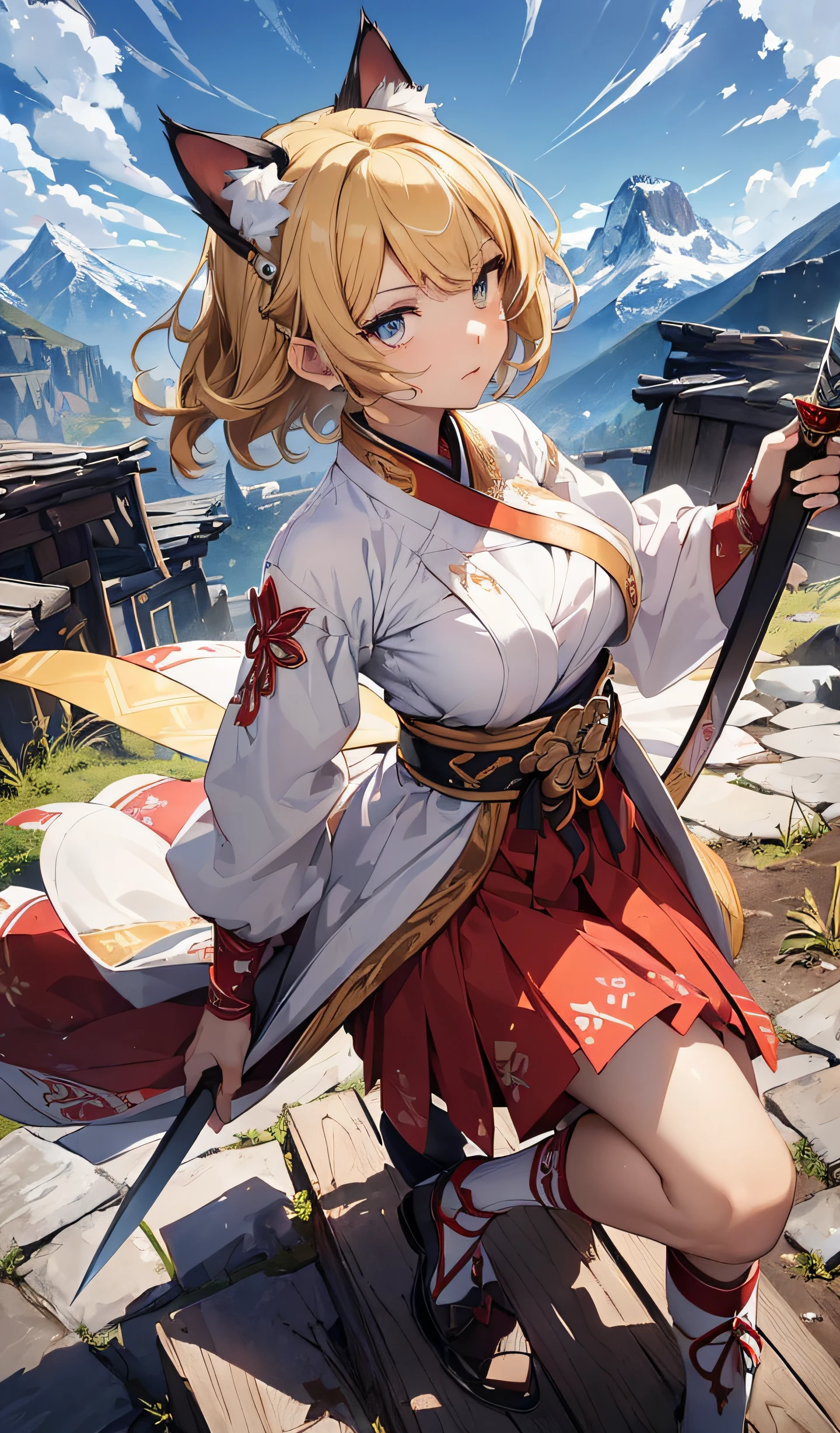 Beautiful detailed girl, Clear and beautiful, Character as the main point of view, radiant skin, girls, femele, young, 20yo, bobbed hair, Short Cut, short-hair, Beautiful detail glass hair,(((dark, Dark Night, Deep Night))) ((Wielding a big sword, Combat Posture)) ((Hanbok costumes, 2 colors of clothing, Red background, White pattern)) ((Clothes color red background, White pattern)) ((Use only two colors of clothing, white, red)) Beautiful details, cold face, cold expression, beautiful-detailed eyes, Blue pupils, tiny boobs, Blue-eyed, Full-fledged skin texture, Very good 8KCG wallpapers, very fine 8K CG wallpaper, watercolor (medium), female warrior, Dark yellow hair, (((Full-body cut))), (((Cat's ears dark yellow))), Waldo, Unwaldo, Wielding, Attacking Posture, Levitation, (((s whole body))), Show your whole body,  (((Natural Background, mountains, wood))), ((plein air))