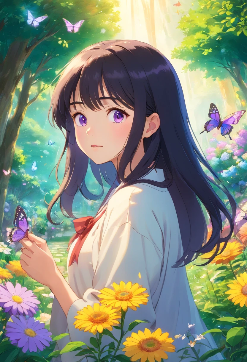 (best quality,4k,8k,highres,masterpiece:1.2),ultra-detailed,realistic,hdr,studio lighting,professional,vivid colors,long black straight hair,white 16-year-old girl,violet eyes,long eyelashes,smooth skin,soft expression,beautiful detailed eyes,beautiful detailed lips,girl in a garden,green grass,colorful flowers,butterflies flying around,vibrant atmosphere,ethereal lighting,painting-like texture,peaceful and serene ambiance
