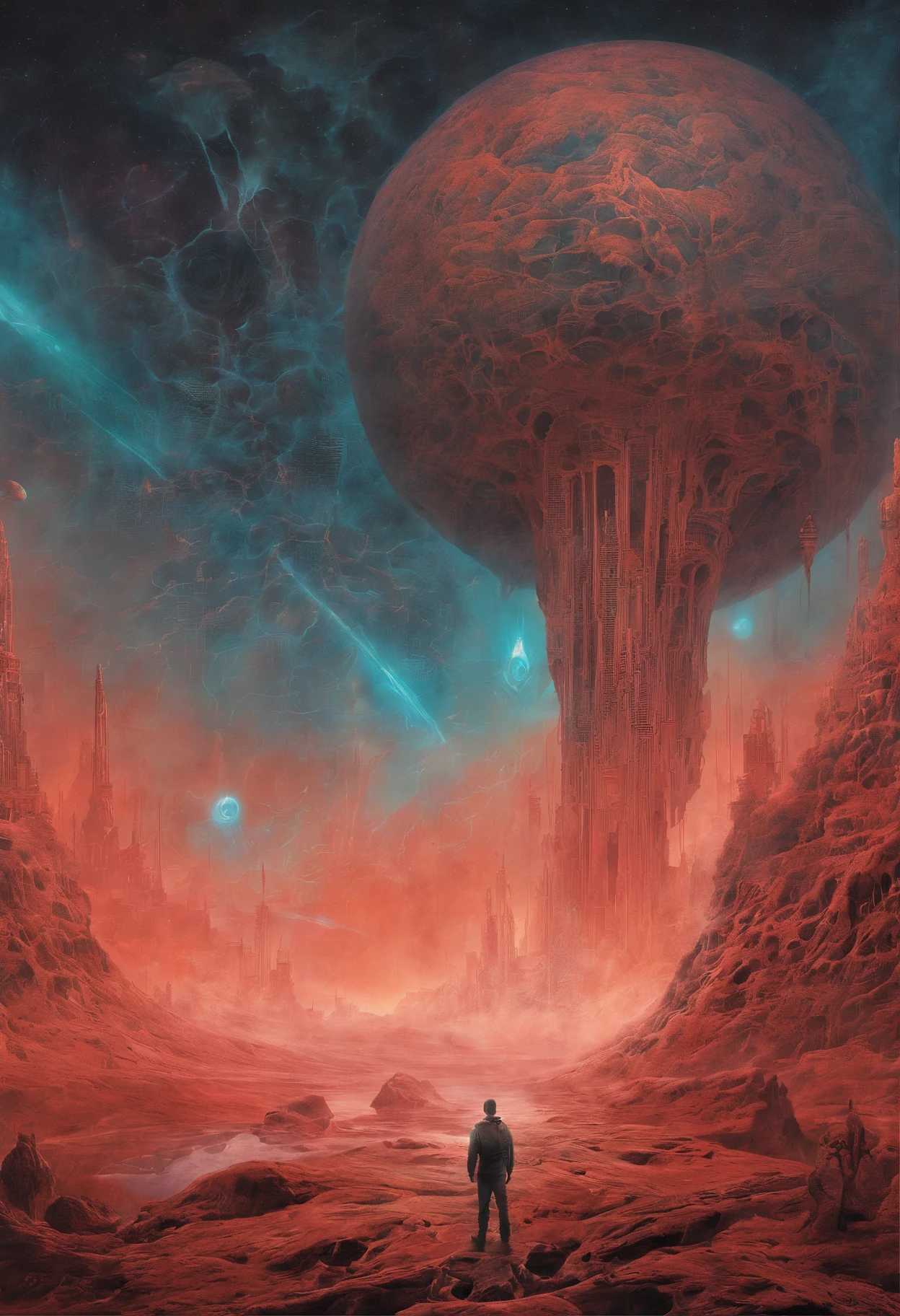 Mythological creatures, Por Zdzislaw Beksinski e Van Gogh, Album cover art, Roma, Surrealismo, Futuristic ,Satan, coral, mago, abstrair, Escuro, vermelho, Inferno, Landscape, pesadelos, medo, crueldade, ANGUISH, calamidade, sombras, monstros