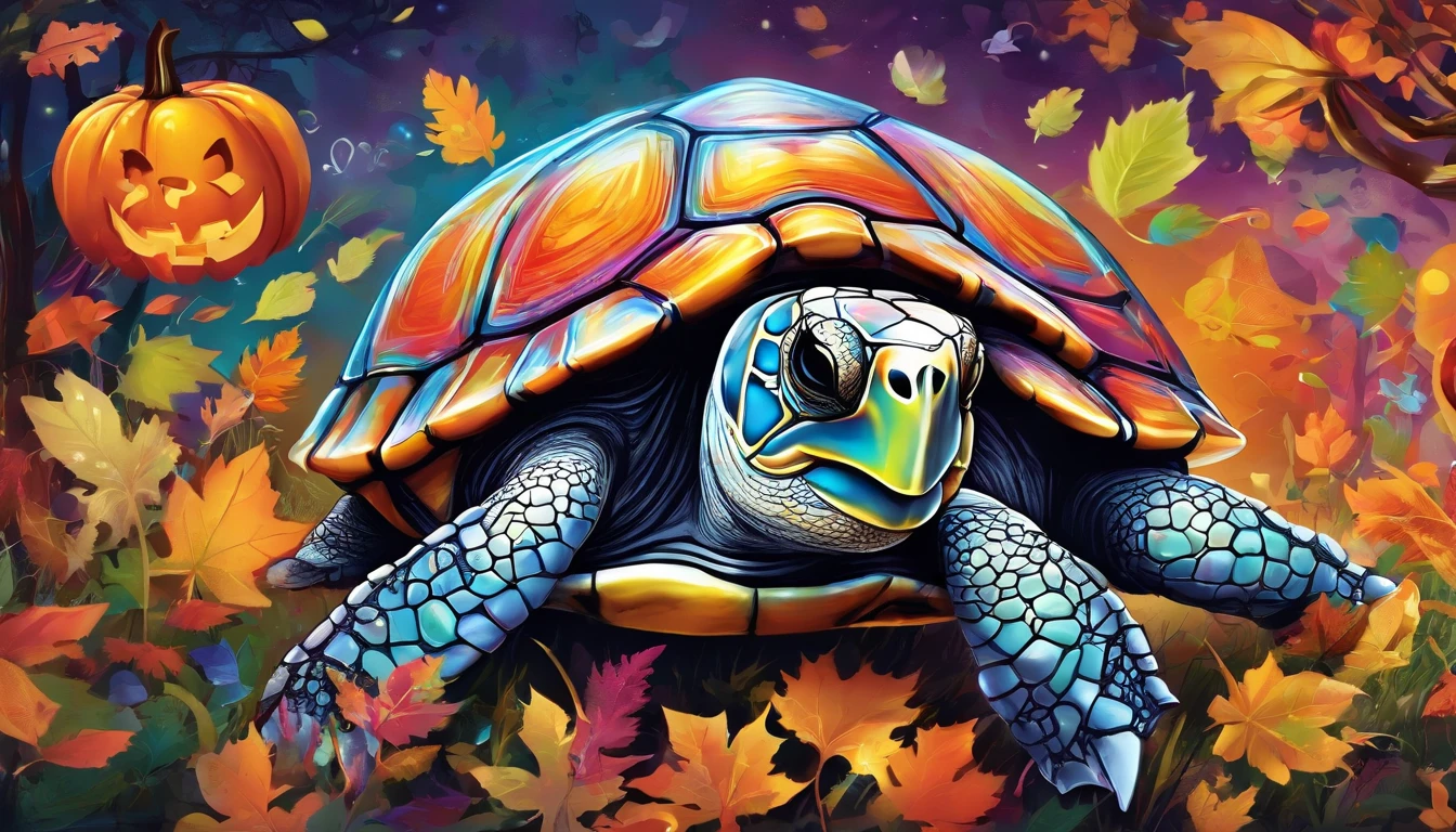 (high quality,realistic,photorealistic:1.37),cute Halloween themed turtle,pumpkin-shaped shell,rainbow-colored shell,polka dot ribbons on shell,smiling face,sparkling eyes,friendly expression,happy dancing turtle,falling leaves background,soft lighting,vibrant colors,immaculate details,playful pose,joyful atmosphere,nighttime scene,full moon,stars in the sky