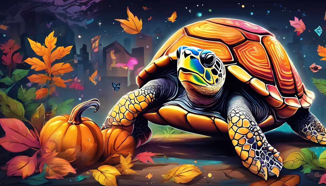 (high quality,realistic,photorealistic:1.37),cute Halloween themed turtle,pumpkin-shaped shell,rainbow-colored shell,polka dot ribbons on shell,smiling face,sparkling eyes,friendly expression,happy dancing turtle,falling leaves background,soft lighting,vibrant colors,immaculate details,playful pose,joyful atmosphere,nighttime scene,full moon,stars in the sky
