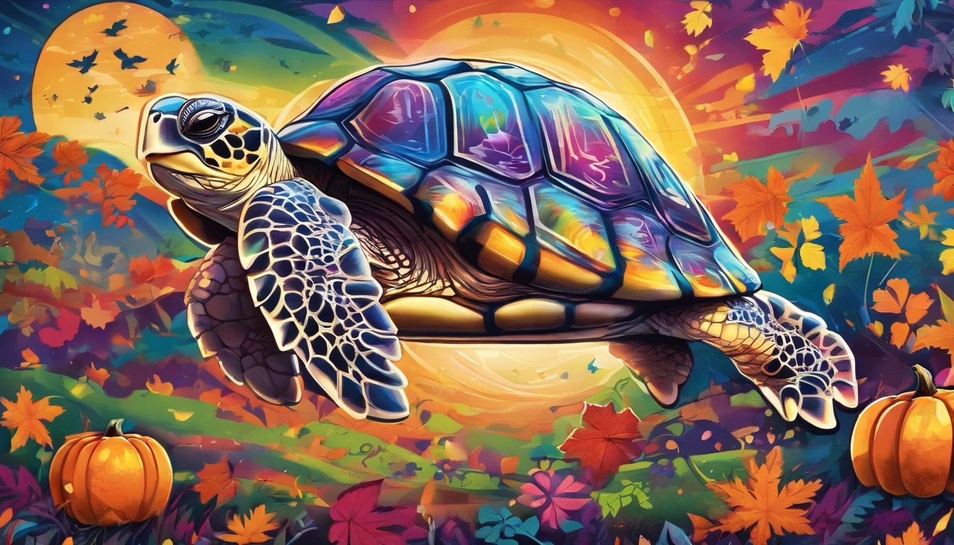 (high quality,realistic,photorealistic:1.37),cute Halloween themed turtle,pumpkin-shaped shell,rainbow-colored shell,polka dot ribbons on shell,smiling face,sparkling eyes,friendly expression,happy dancing turtle,falling leaves background,soft lighting,vibrant colors,immaculate details,playful pose,joyful atmosphere,nighttime scene,full moon,stars in the sky