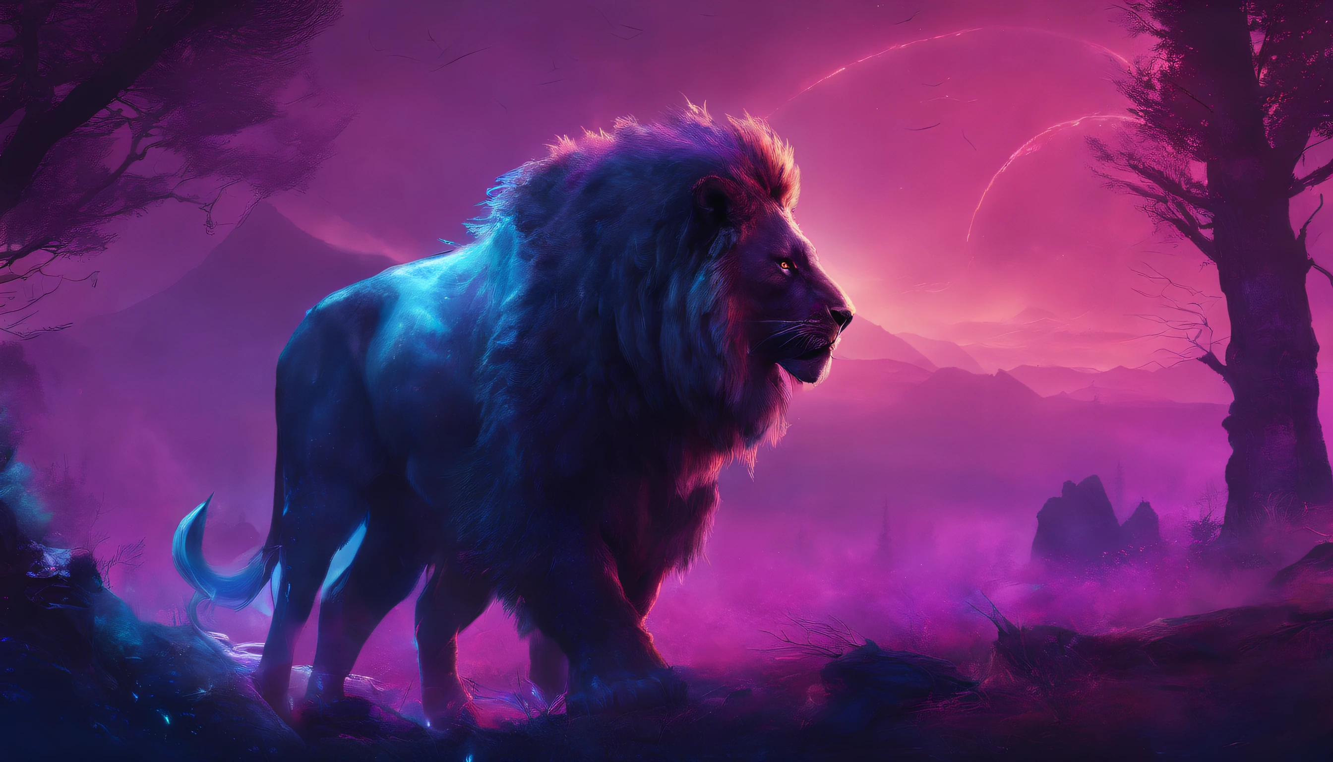 Fantasy World Saber-toothed Bison and Fantasy World Saber-toothed Lion are in fight，Emits blue-violet light，Glow effects，the night，中景 the scene is，Full body like， highly detailed surreal vfx，oc rendered，Shoot with 70 mm - AR