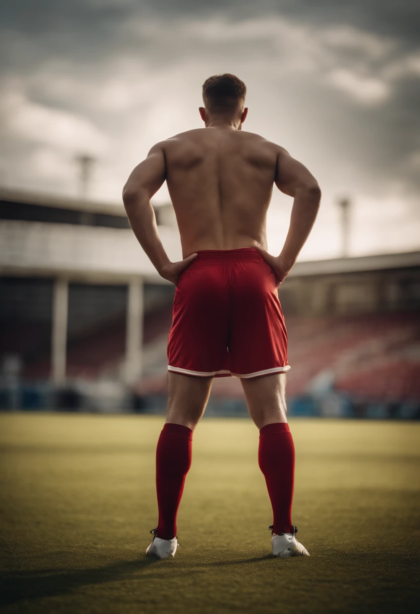 A man with his dick showing in football shorts