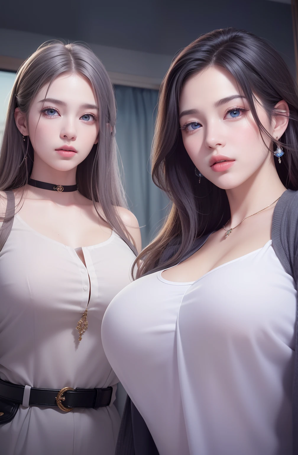 Beautiful big breasts, (bokeh), indoors, detailed luxury living room, gentle and charming beautiful goddess, Korean(kpop-idol), solo, smooth skin, necklace, (grey hair, blue eyes), oval face, double eyelids, smart, good hands, good feet, Natural, (from below angle), (glossy skin:1.05), ((low angle)), Perfect figure, (64k, UHD, RAW photo, best quality, masterpiece:1.4), (realistic, photo-realistic:1.37), ultra high res, photon mapping, radiosity, physically-based rendering, professional soft lighting