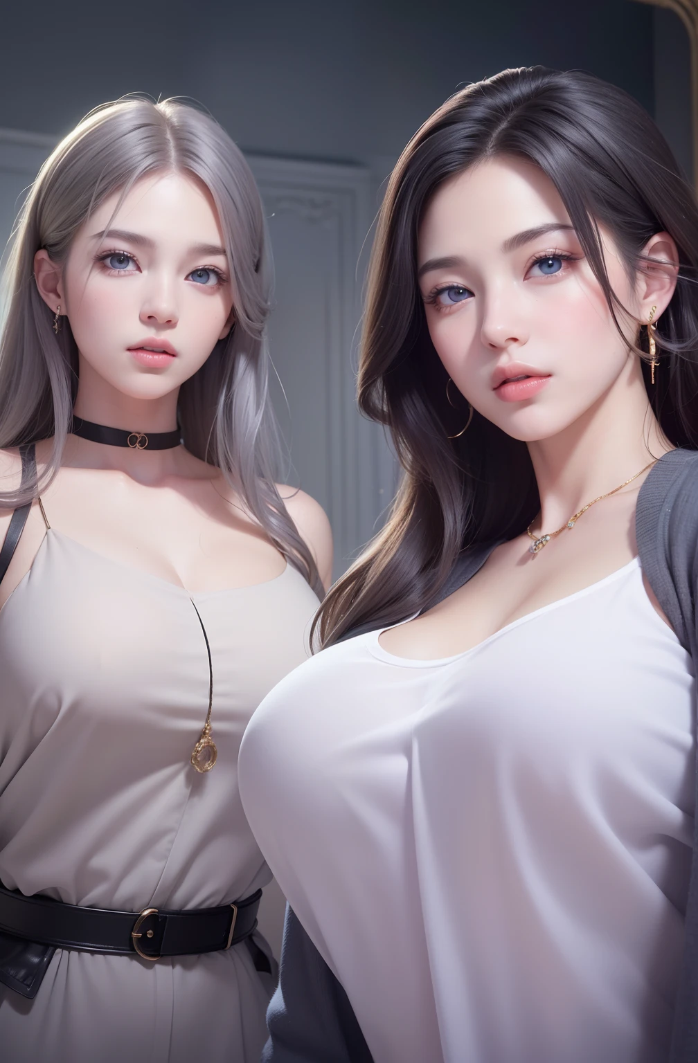Beautiful big breasts, (bokeh), indoors, detailed luxury living room, gentle and charming beautiful goddess, Korean(kpop-idol), solo, smooth skin, necklace, (grey hair, blue eyes), oval face, double eyelids, smart, good hands, good feet, Natural, (from below angle), (glossy skin:1.05), ((low angle)), Perfect figure, (64k, UHD, RAW photo, best quality, masterpiece:1.4), (realistic, photo-realistic:1.37), ultra high res, photon mapping, radiosity, physically-based rendering, professional soft lighting