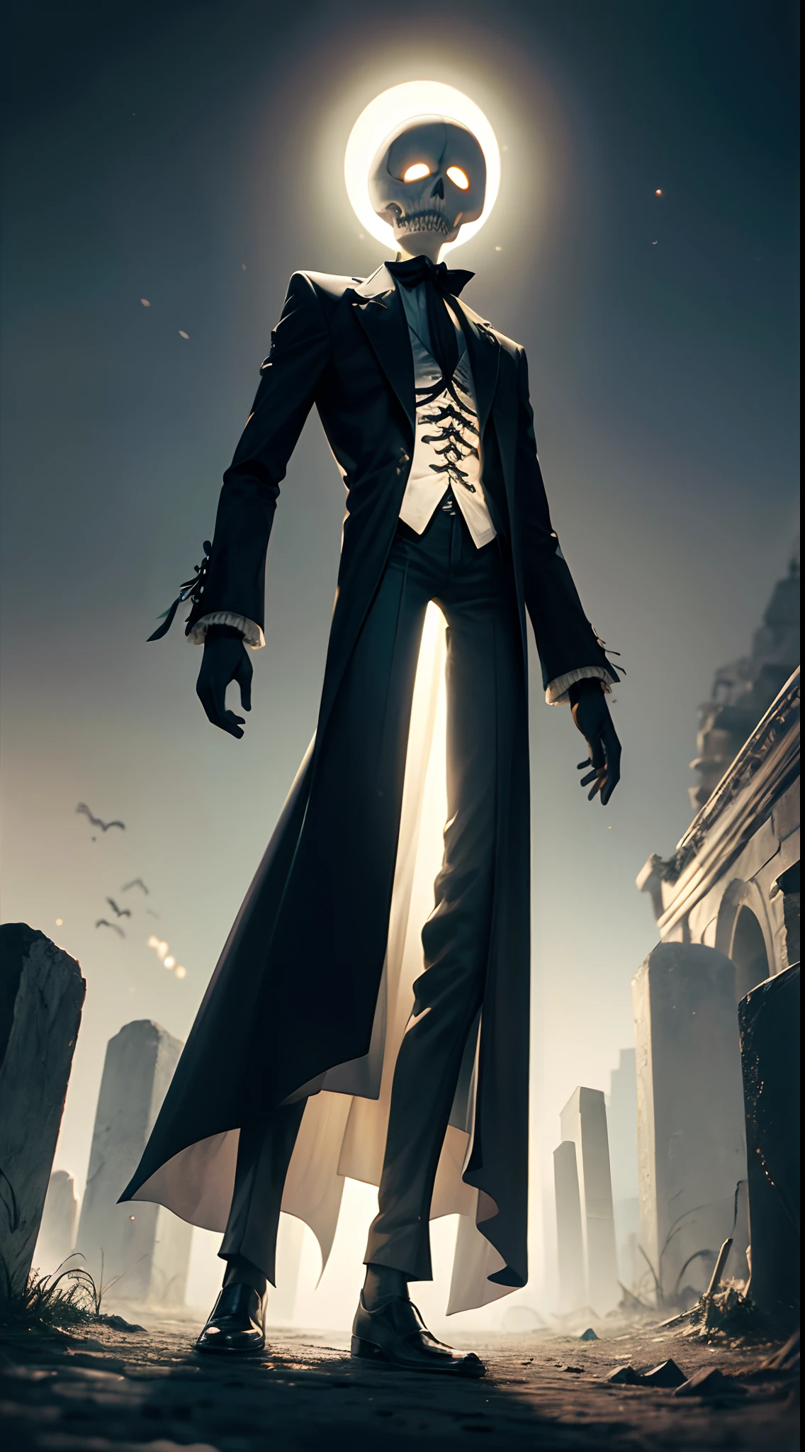 Representa a Jack Skellington, el Rey Calabaza, con su traje de esmoquin a rayas en medio de un retorcido, Gothic setting. Jack se encuentra en un cementerio oscuro cubierto de niebla, con alto, Thin tombstones slanted at odd angles. La luna llena brilla con un resplandor plateado en el cielo estrellado. Jack se para en el centro de la escena, with an intriguing expression on his skeletal face. Sostiene una linterna de calabaza que emite una luz verde brillante y proyecta sombras espectrales a su alrededor. On nearby headstones, Graba inscripciones curiosas y oscuras. The ground is covered with, hojas crujientes, y en la distancia, en las sombras, puedes ver a los extravagantes habitantes de Halloween Town, como Sally, el hombre del saco, y el Payaso Bola de Nieve. The atmosphere should convey the haunting and enchanting spirit of Tim Burton's 'The Strange World of Jack'."