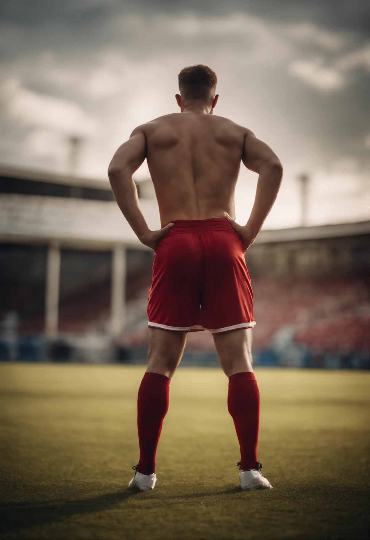A man with his dick showing in football shorts