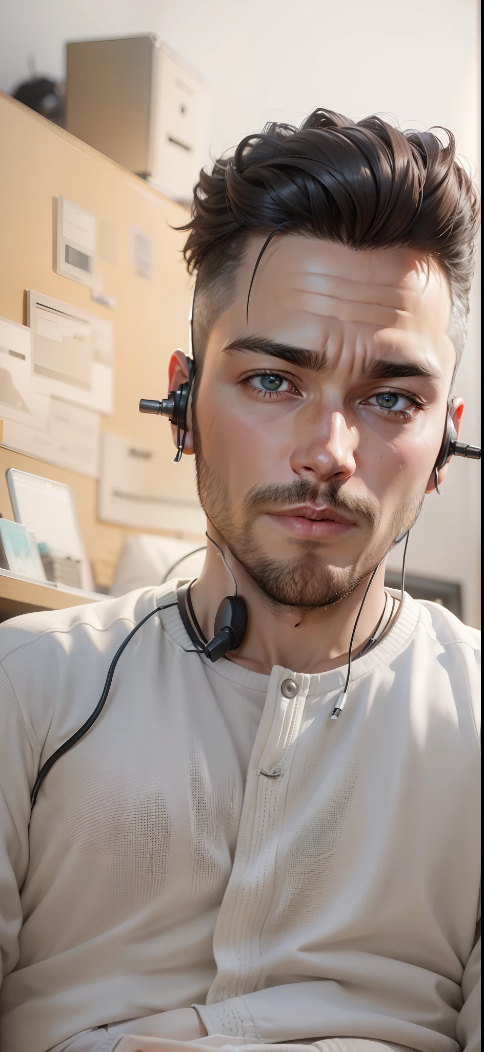 man sitting in a chair with headphones and a keyboard, playing computer games, gaming computers, using a headset for games, pc games, using headset for games, playing video games, led games, games table, games room, playing, sitting at a computer desk, sitting at a computer,  computer game, in front of a computer, Twitch streamer, very expressive, realistic anime, drawn,