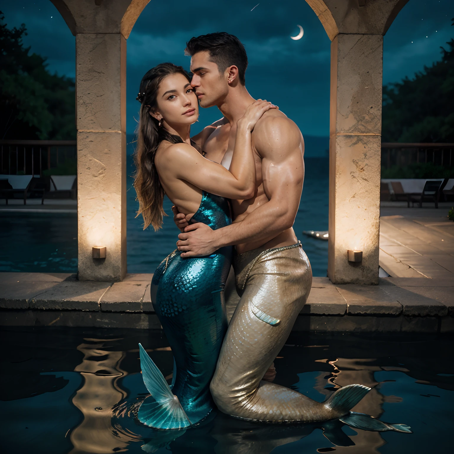 (man hugging a black-haired girl), long dress girl, masculine man, masculine face, attractive, muscular, (((1man))), masterpiece, absurdres, best quality ,intricate details, ((((full body)))), (shiny skin, shiny body, shiny oily luster skin, shiny hair, pale skintone), Sundown, attractive, ((muscular)), adult, one, earrings, Don't look at the view , Not looking at the view, silver hair man, braided hair man, perfect detailed face, perfect detailed hands, triton, fins, red eyes, triton ears, smirk, marine sea ornaments, open chest, ((long mermaid tail)), no legs, under the sea, fishes, masculine features, masculine face, (((night))), moonlight, darkness, dark light, character seen from afar