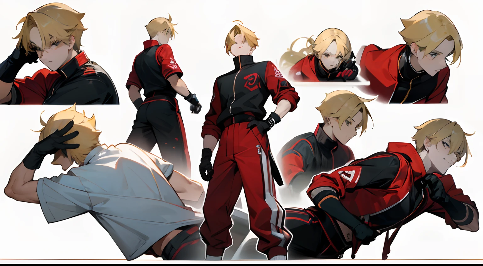 Tall boy with blonde hair, bangs covering his eyes, White Skin Skin, ((Athletic body)), Pose Jitai, (wearing a black t-shirt underneath a red racing jacket), ((wearing black gloves)), urban fashion, white sneakers, fighting game character, lateral face, Full-length, Front, Side, Back Views, enviroment change scene, full body, ((Character Sheet)), ((several poses and expressions)), white background,