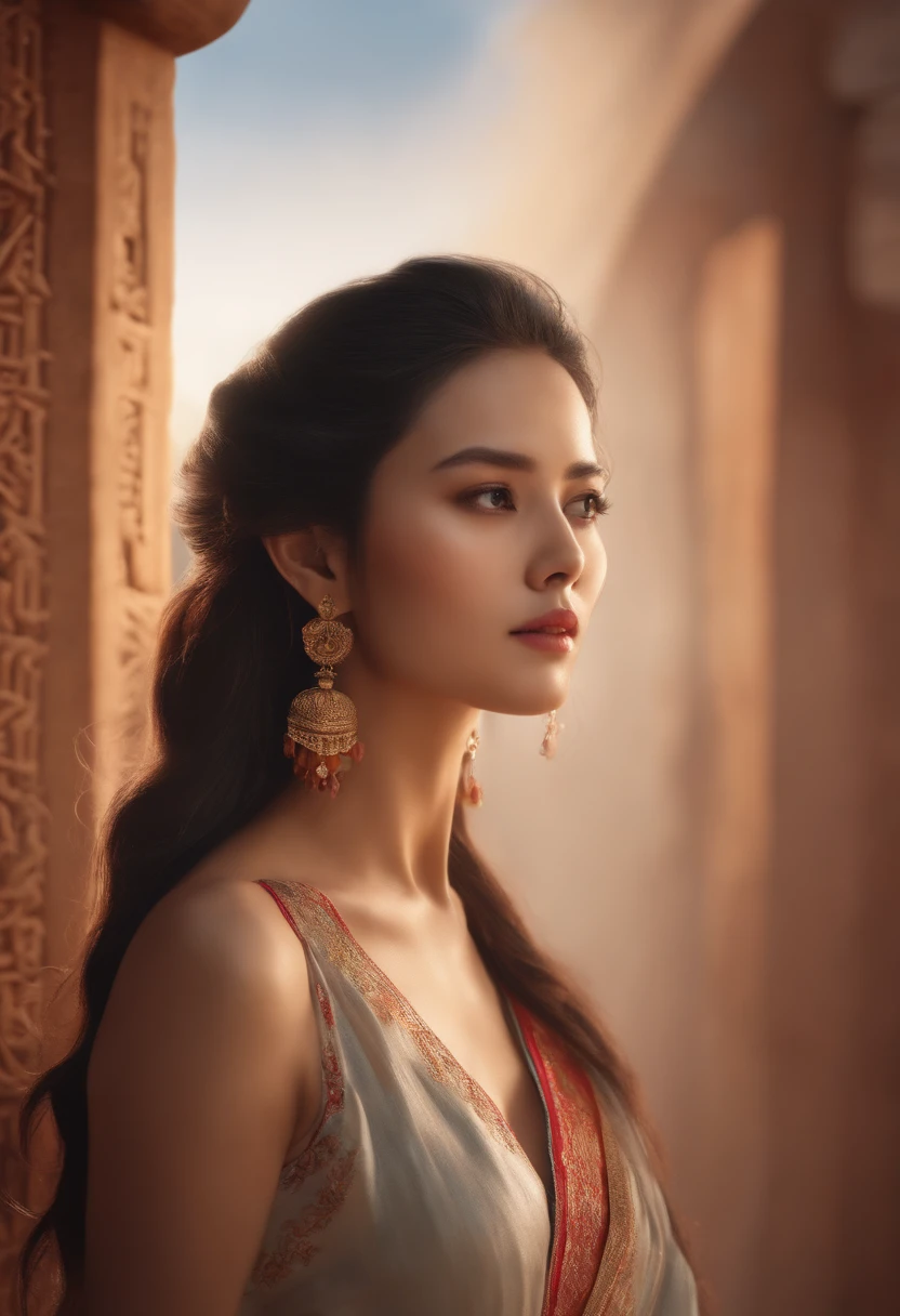 (RAW Photo, Best Quality), (Realistic, Photo Realistic: 1.3), Best Quality, Highly Detailed, Masterpiece, Hyperdetail, Illustration, 1 Girl, Forehead with Painting, upper_body, Dynamic Angle, World Masterpiece Theater, messy_long_hair, Best Quality, Extremely Detailed CG Unified 8k Wallpaper, Ink, Amazing, Cinematic Lighting, lens_flare,dunhuang_style