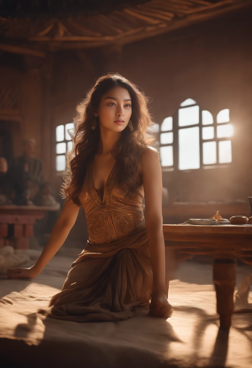 (RAW Photo, Best Quality), (Realistic, Photo Realistic: 1.3), Best Quality, Highly Detailed, Masterpiece, Hyperdetail, Illustration, 1 Girl, Forehead with Painting, upper_body, Dynamic Angle, World Masterpiece Theater, messy_long_hair, Best Quality, Extremely Detailed CG Unified 8k Wallpaper, Ink, Amazing, Cinematic Lighting, lens_flare,dunhuang_style