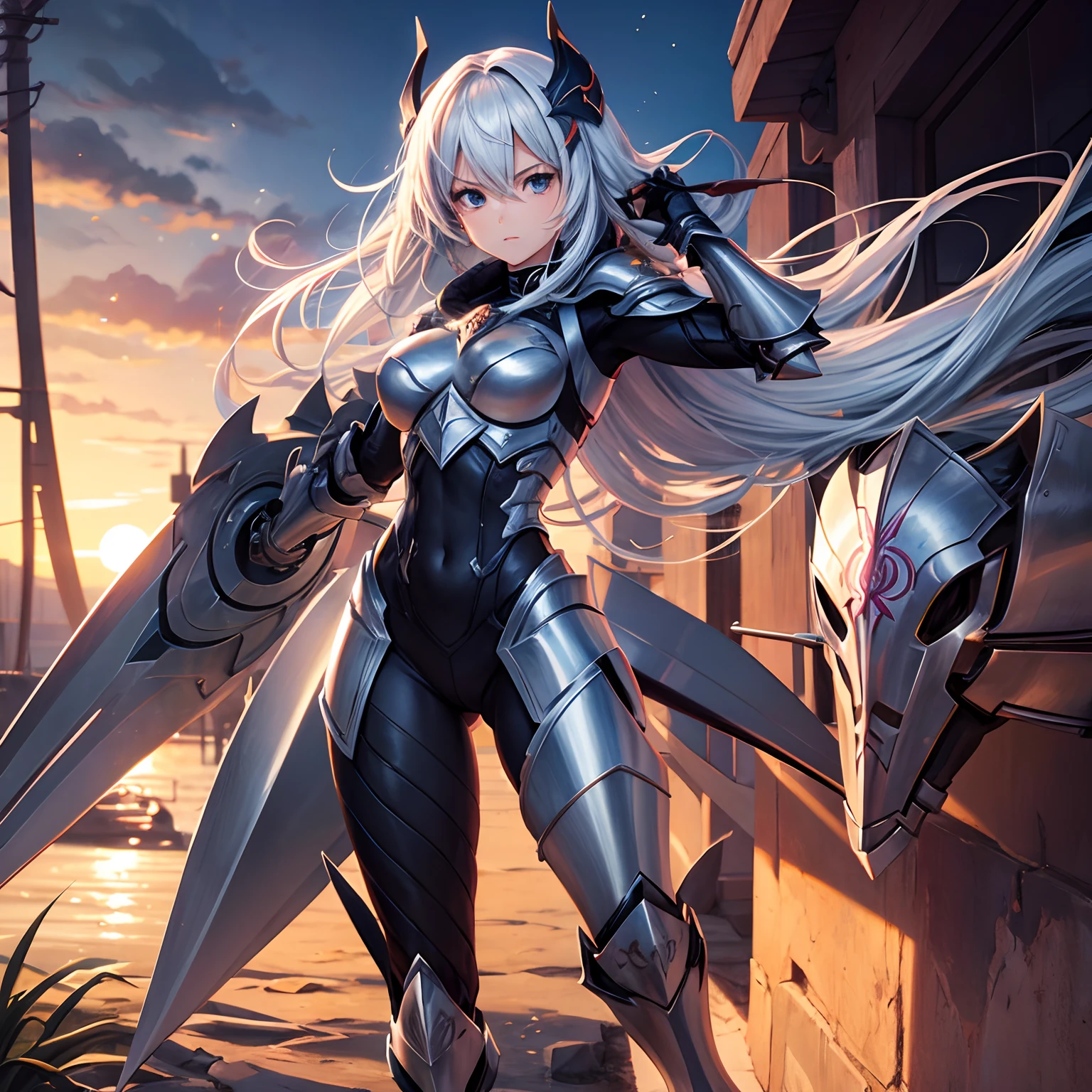 1girl, solo, burning landscape, village, trees, sun, clouds, war, silver hair, ponytail, large breasts, ((armor)), ((metal suit)), cleavage 1:3, blue eyes, grin, machine gun in hand, looking at the viewer, dinamic pose, run, hair ribbon, aircraft on the air, tanks