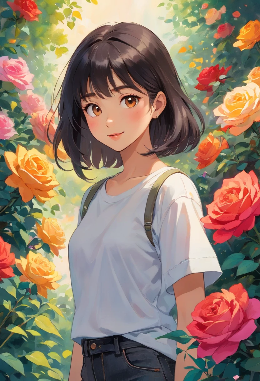 Dark-skinned girl, with (long, straight black hair with bangs) [that falls gracefully on her shoulders],(brown eyes:1.1), (beautifully detailed lips),(exquisite, perfectly outlined eyebrows:1.1), (rosy cheeks:0.9). She has a (radiant smile) that reveals her (slightly gapped front teeth:0.9) and a (tiny, gold nose ring). She is an 18-year-old beauty with a (youthful, innocent expression:1.1).

Her outfit consists of a (stylish denim jacket:0.9) with (vibrant embroidered patterns) and a (comfortable and loose-fitting white t-shirt). She is wearing (distressed black jeans) [with a faded look] that are (tightly fitted to her slender legs) and a pair of (colorful sneakers:1.1) that add a playful touch to her overall appearance.

The girl is standing in a (luscious, vibrant garden), surrounded by an abundance of (colorful flowers:1.1) that create a picturesque backdrop. The garden is illuminated by (soft, golden sunlight), casting a warm and serene glow over the scene. The air is filled with the fragrance of (blooming roses and jasmine).

She is holding a (slender paintbrush:0.9) in her right hand and a (canvas:1.1) in her left, showcasing her passion for art. The canvas is filled with (bold strokes of vibrant colors) that depict a beautiful (abstract portrait). Each stroke of the brush reveals her (creative genius) and (impeccable attention to detail).

As she paints, her (fingers dance gracefully) across the canvas, bringing life to her artwork. Her eyes sparkle with (artistic inspiration) as she adds (subtle highlights and shadows) to capture the essence of her subject. The atmosphere is filled with an aura of (creativity) and (imaginative energy).

The overall scene exudes a sense of (youthful vitality) and (artistic expression). The high-quality image showcases (sharp details) and (rich colors), creating a (photo-realistic masterpiece) that is sure to captivate any viewer's attention.

(bestselling artwork),(museum-worthy piece),(emerging artist:1.1),(art gallery exh