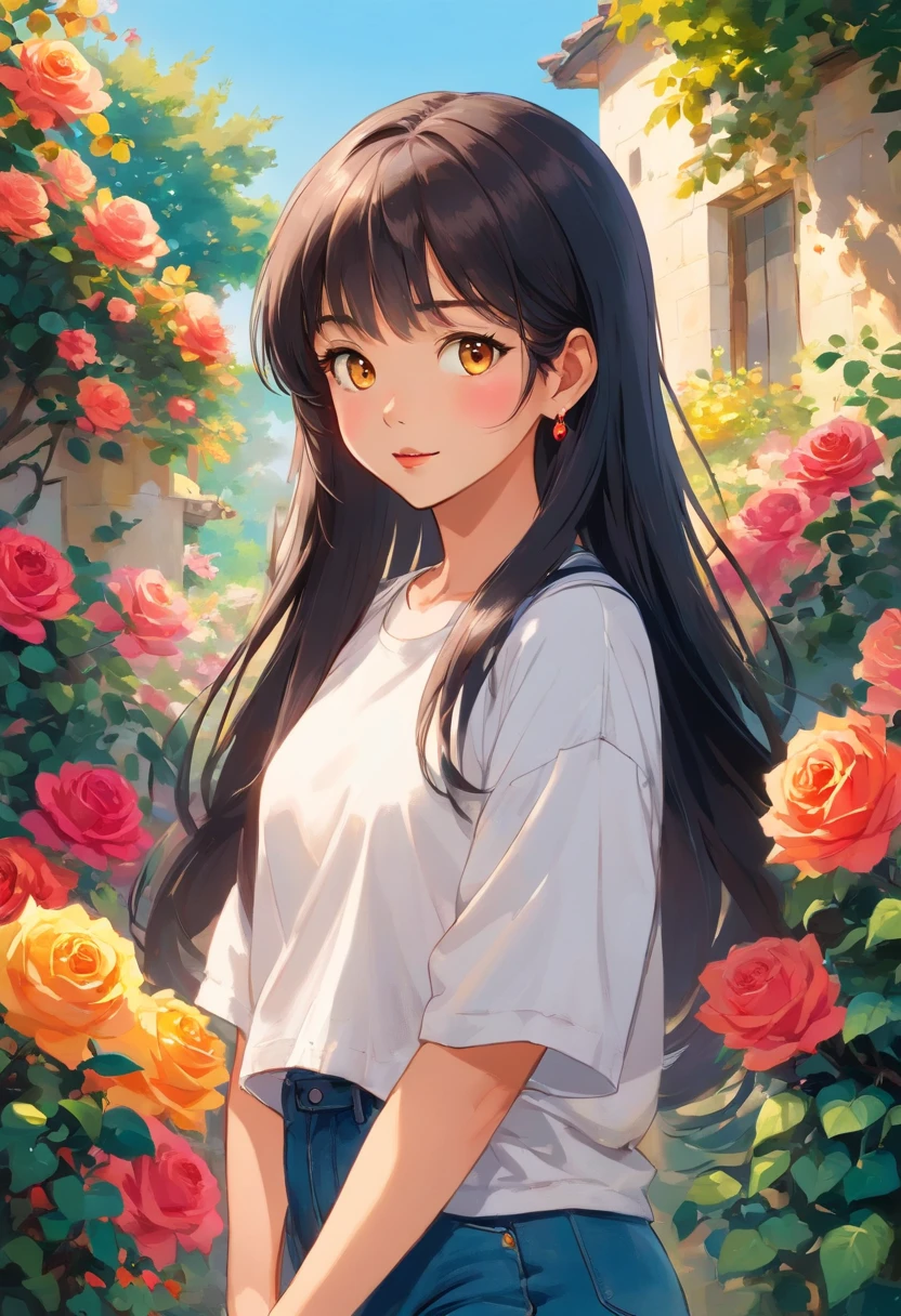 Dark-skinned girl, with (long, straight black hair with bangs) [that falls gracefully on her shoulders],(brown eyes:1.1), (beautifully detailed lips),(exquisite, perfectly outlined eyebrows:1.1), (rosy cheeks:0.9). She has a (radiant smile) that reveals her (slightly gapped front teeth:0.9) and a (tiny, gold nose ring). She is an 18-year-old beauty with a (youthful, innocent expression:1.1).

Her outfit consists of a (stylish denim jacket:0.9) with (vibrant embroidered patterns) and a (comfortable and loose-fitting white t-shirt). She is wearing (distressed black jeans) [with a faded look] that are (tightly fitted to her slender legs) and a pair of (colorful sneakers:1.1) that add a playful touch to her overall appearance.

The girl is standing in a (luscious, vibrant garden), surrounded by an abundance of (colorful flowers:1.1) that create a picturesque backdrop. The garden is illuminated by (soft, golden sunlight), casting a warm and serene glow over the scene. The air is filled with the fragrance of (blooming roses and jasmine).

She is holding a (slender paintbrush:0.9) in her right hand and a (canvas:1.1) in her left, showcasing her passion for art. The canvas is filled with (bold strokes of vibrant colors) that depict a beautiful (abstract portrait). Each stroke of the brush reveals her (creative genius) and (impeccable attention to detail).

As she paints, her (fingers dance gracefully) across the canvas, bringing life to her artwork. Her eyes sparkle with (artistic inspiration) as she adds (subtle highlights and shadows) to capture the essence of her subject. The atmosphere is filled with an aura of (creativity) and (imaginative energy).

The overall scene exudes a sense of (youthful vitality) and (artistic expression). The high-quality image showcases (sharp details) and (rich colors), creating a (photo-realistic masterpiece) that is sure to captivate any viewer's attention.

(bestselling artwork),(museum-worthy piece),(emerging artist:1.1),(art gallery exh