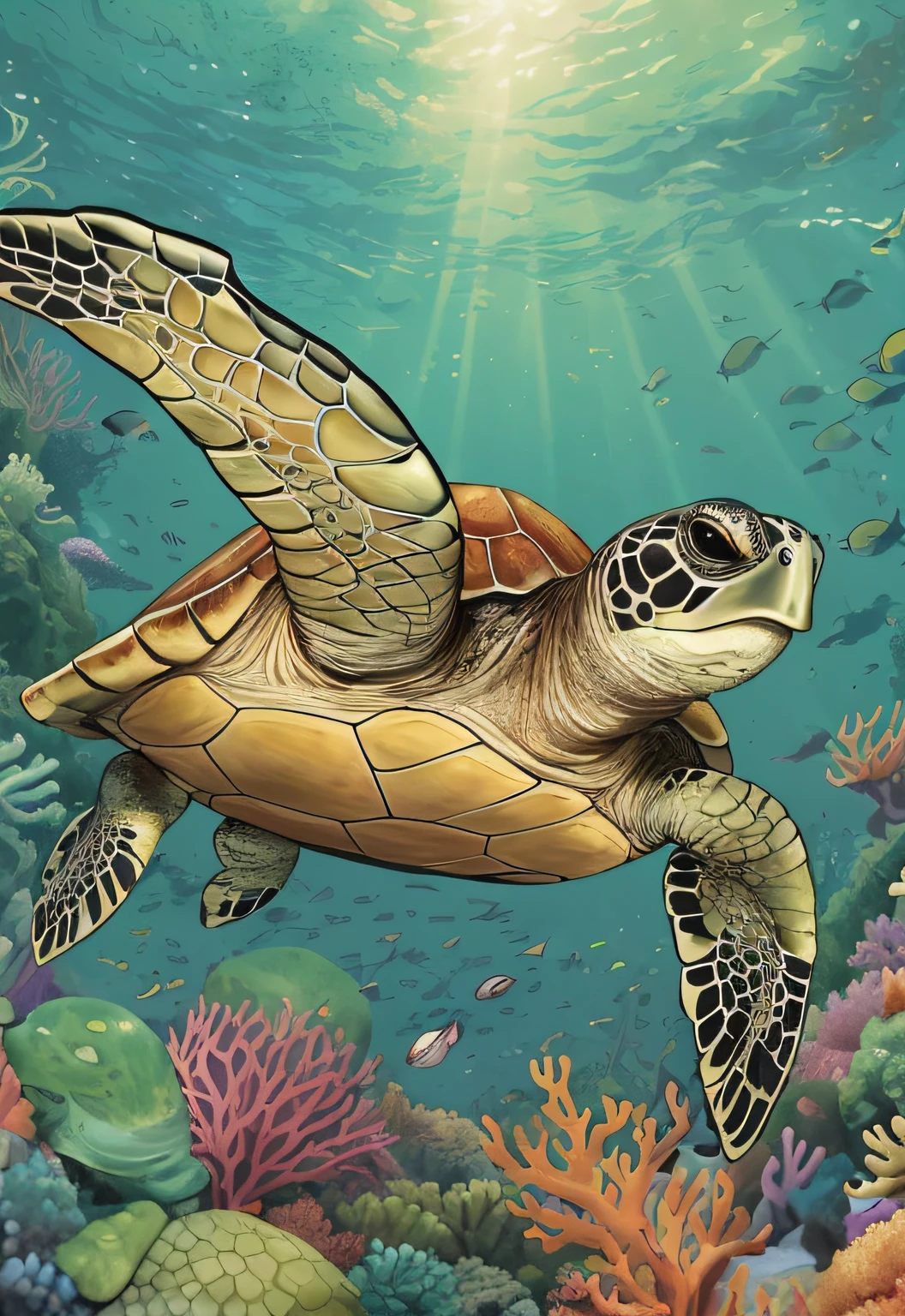 there is a turtle swimming in the ocean with corals and fish, world-bearing turtle, sea turtles, great leviathan turtle, turtle, amazing depth, incredible depth, turtles all the way down, anthropomorphic turtle, great a'tuin, anthropomorphic turtle hero, octa 8k, an anthropomorphic turtle, turtles